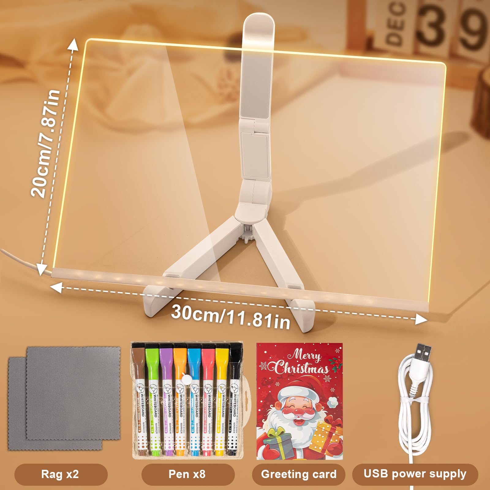 Led Drawing Board,12"x8" LED Note Board, with Stand,Equipped with Upgraded 8 Colorful Magnetic Dry-Erase Markers (with Eraser Caps), Easy to Clean