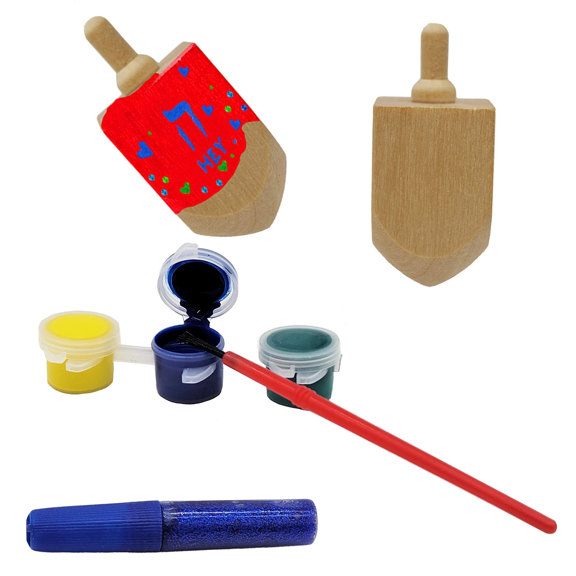 Craft-A-Dreidel, Create Your Own Custom Dreidel, Kit Includes 6 Wooden Dreidels, 9 Colors, 3 Brush, 3 Glitter - Fun and Educational (6 Dreidels)