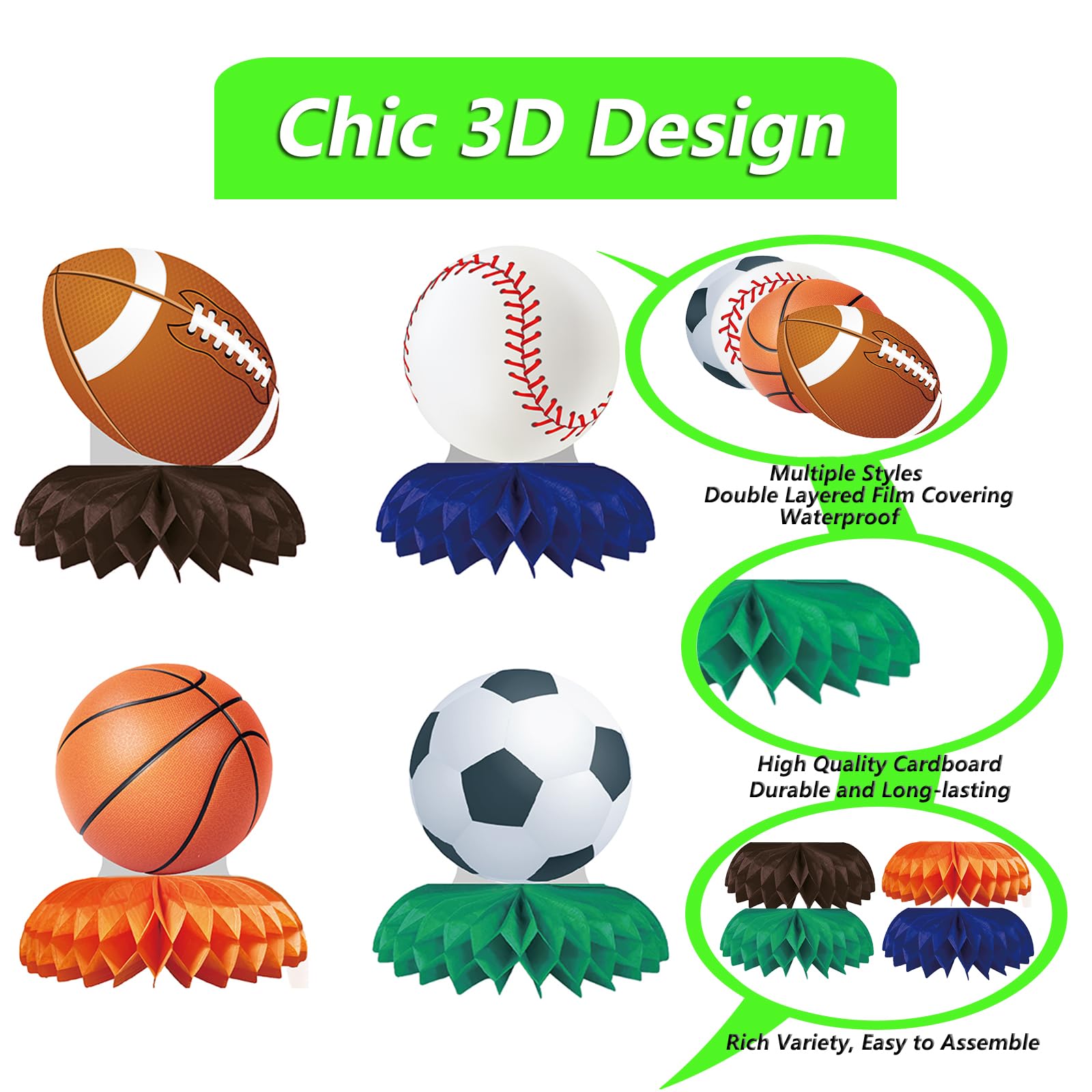 12pcs Sports Themed Birthday Party Decorations Sports Table Honeycomb Centerpieces Football Basketball Baseball Soccer Table Centerpieces Boy's