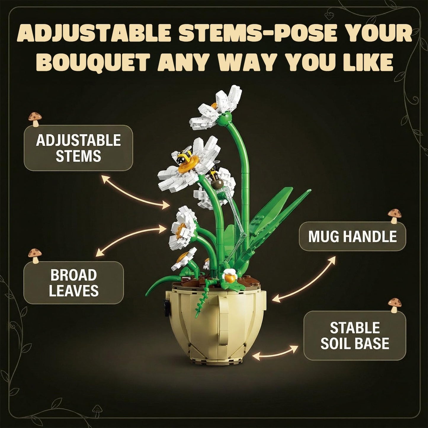 APENGBAOL Daisy Flower Building Set with Coffee Cup Pot, 496PCS Botanical Plant Kit for Adults, DIY Decorative Desk & Home Office Decor, Creative Gift