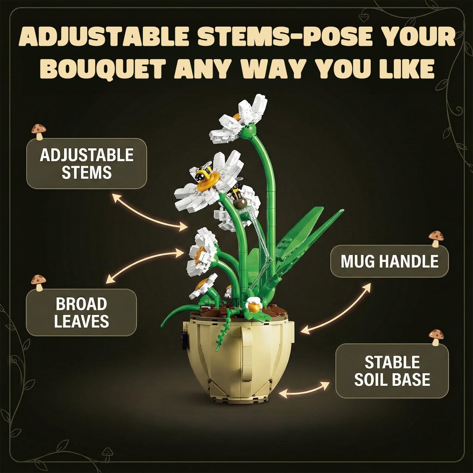 APENGBAOL Daisy Flower Building Set with Coffee Cup Pot, 496PCS Botanical Plant Kit for Adults, DIY Decorative Desk & Home Office Decor, Creative Gift