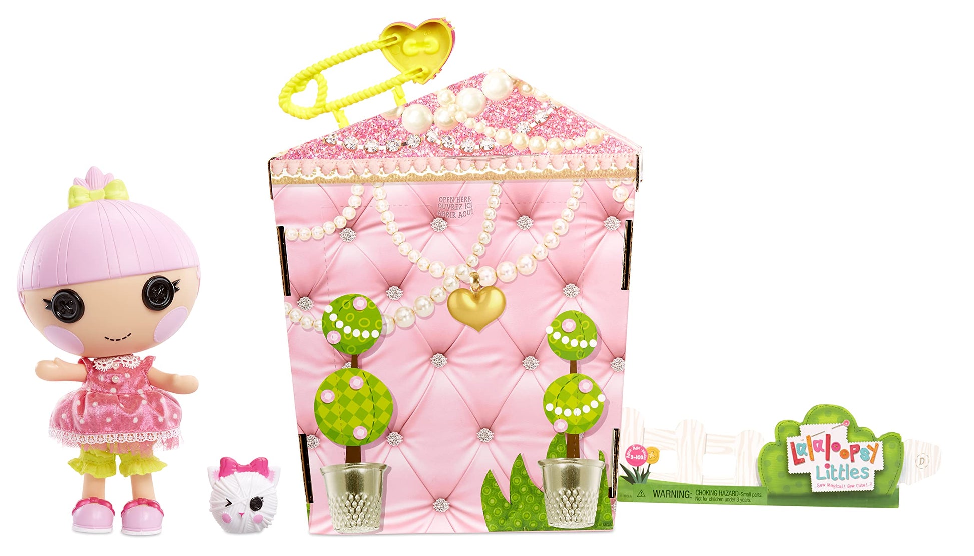 Lalaloopsy Littles Doll- Trinket Sparkles and Pet Yarn Ball Kitten, 7" Princess Doll with Pink Outfit & Accessories, Reusable House Playset- Gifts for