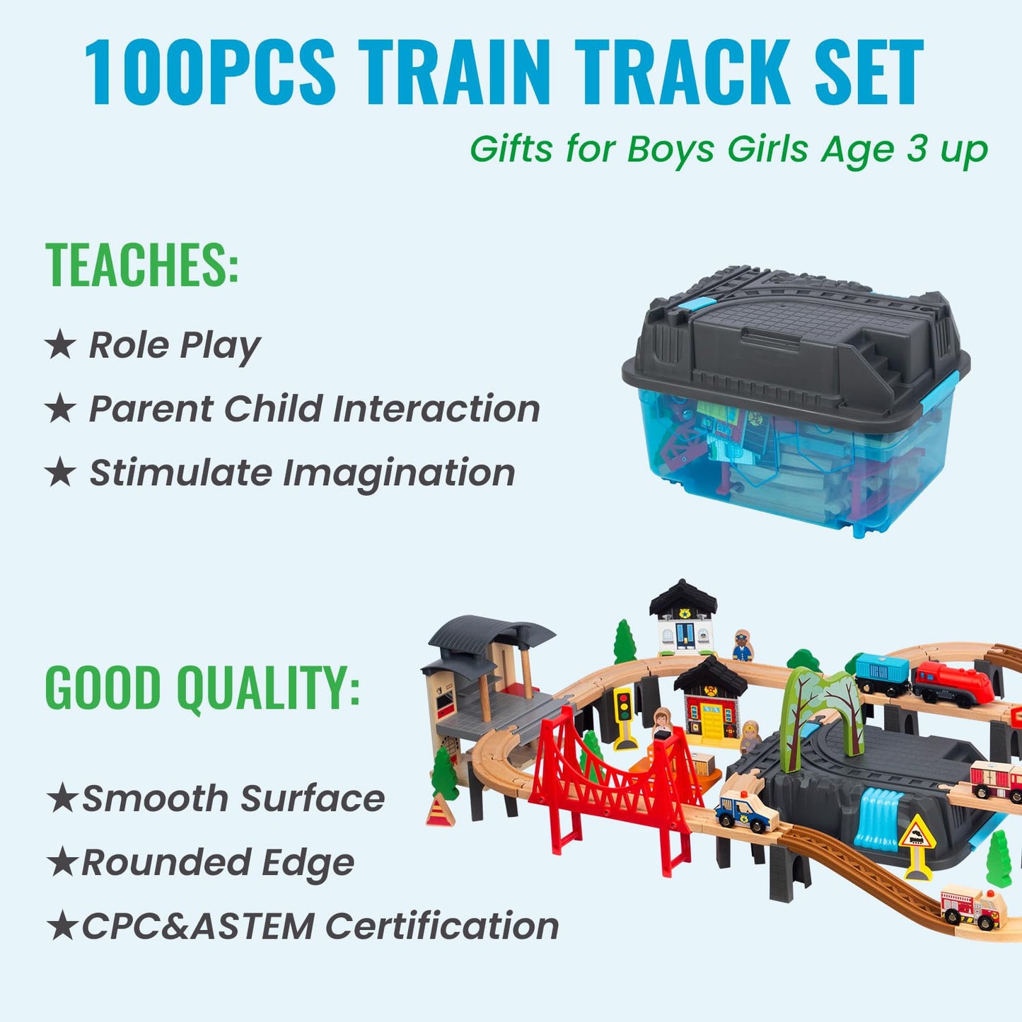 WoodenEdu 100Pcs Wooden Train Set for 3 Year Old Boys, Double-Side Train Set Tracks with Bridge Train Station & Storage Box, Fits Brio, Thomas