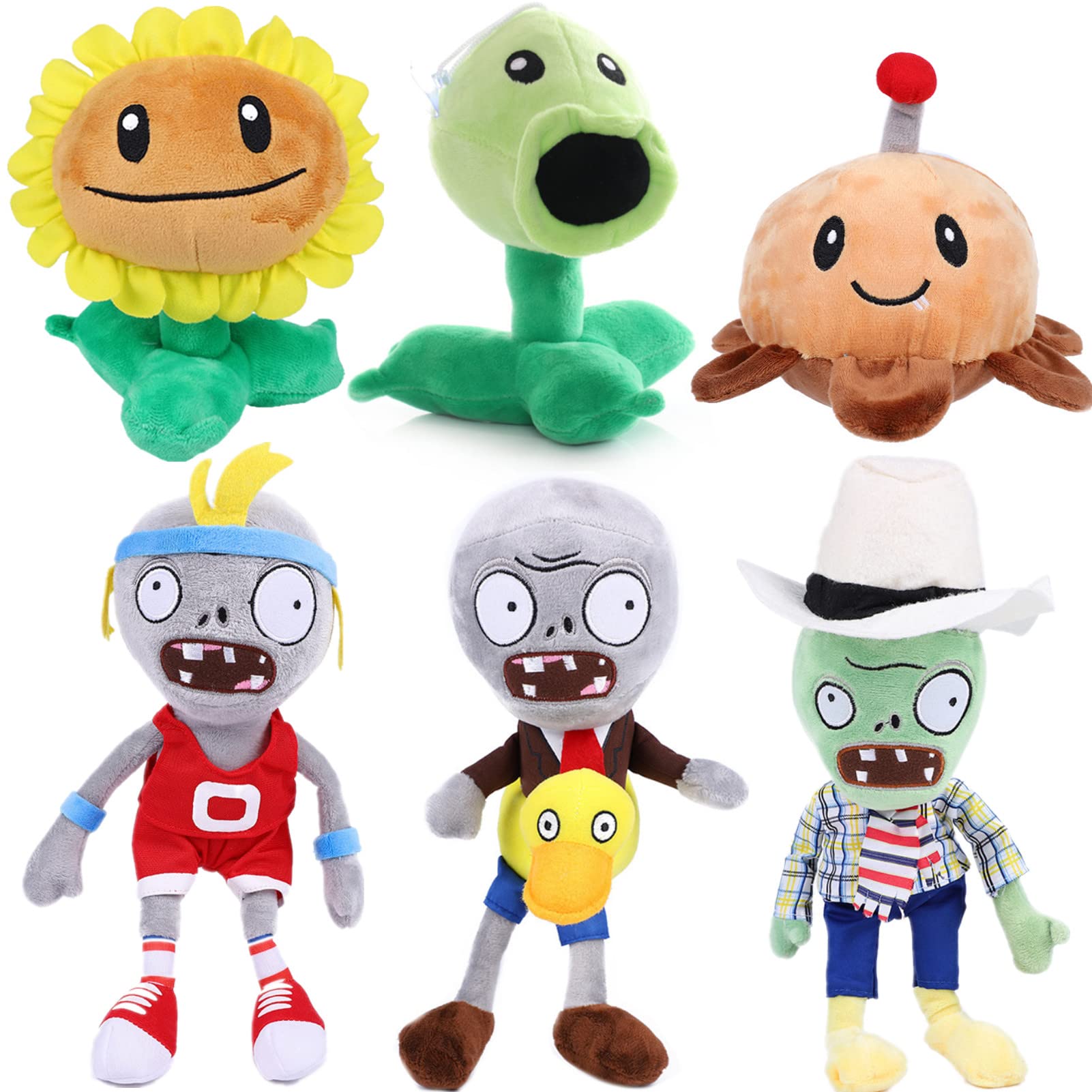 JHESAO 6 PCS Plants and Zombies Plush Sunflower Zombies Plushies Toy Pea Duck Zombie, Potato Mine 1 2 Stuffed Soft Doll Sport Zombie Doll New