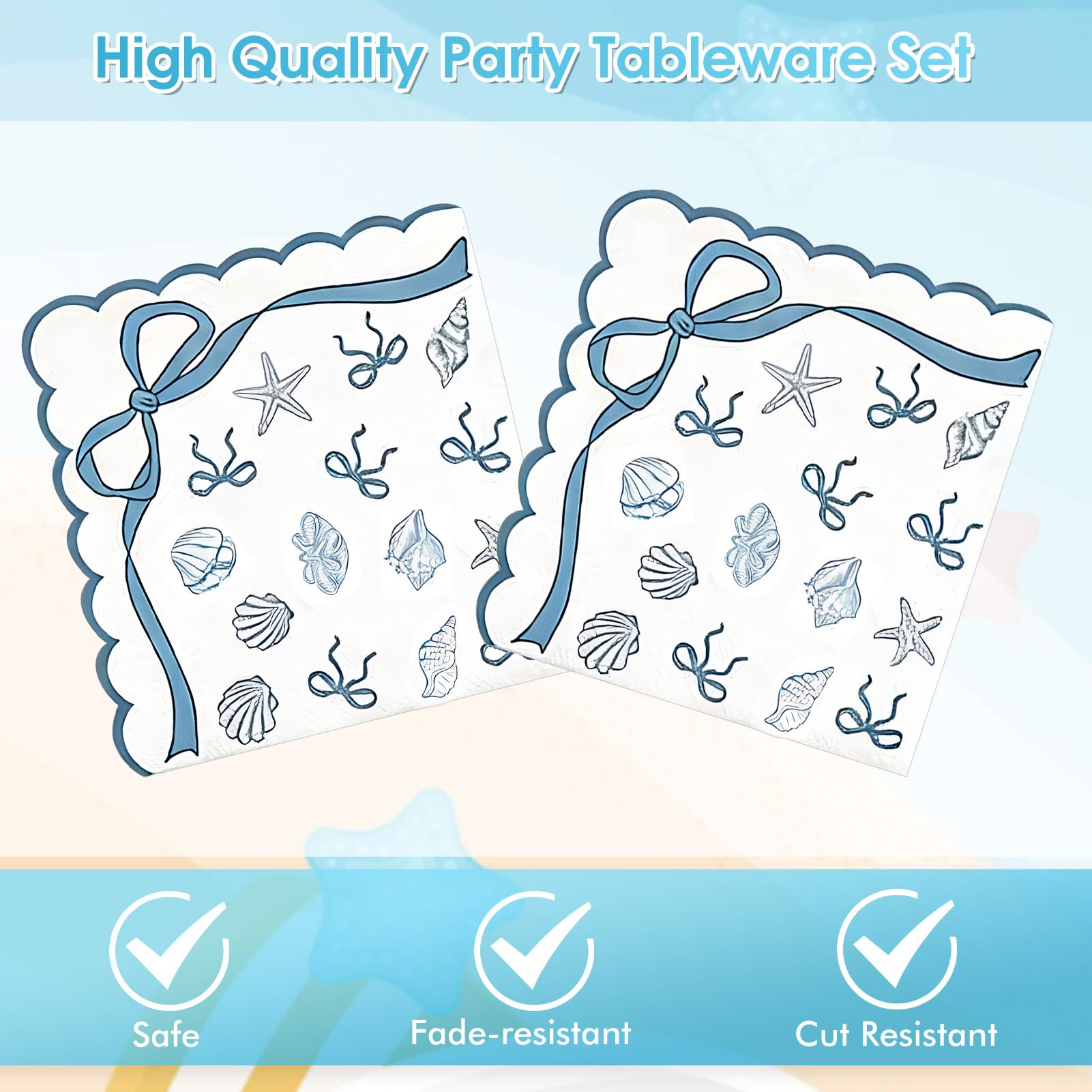 40Pcs Scalloped Coastal Party Supplies Include Summer Starfish Seashell Plates&Paper Napkins Disposable Blue Bow Ocean Theme Tableware Set