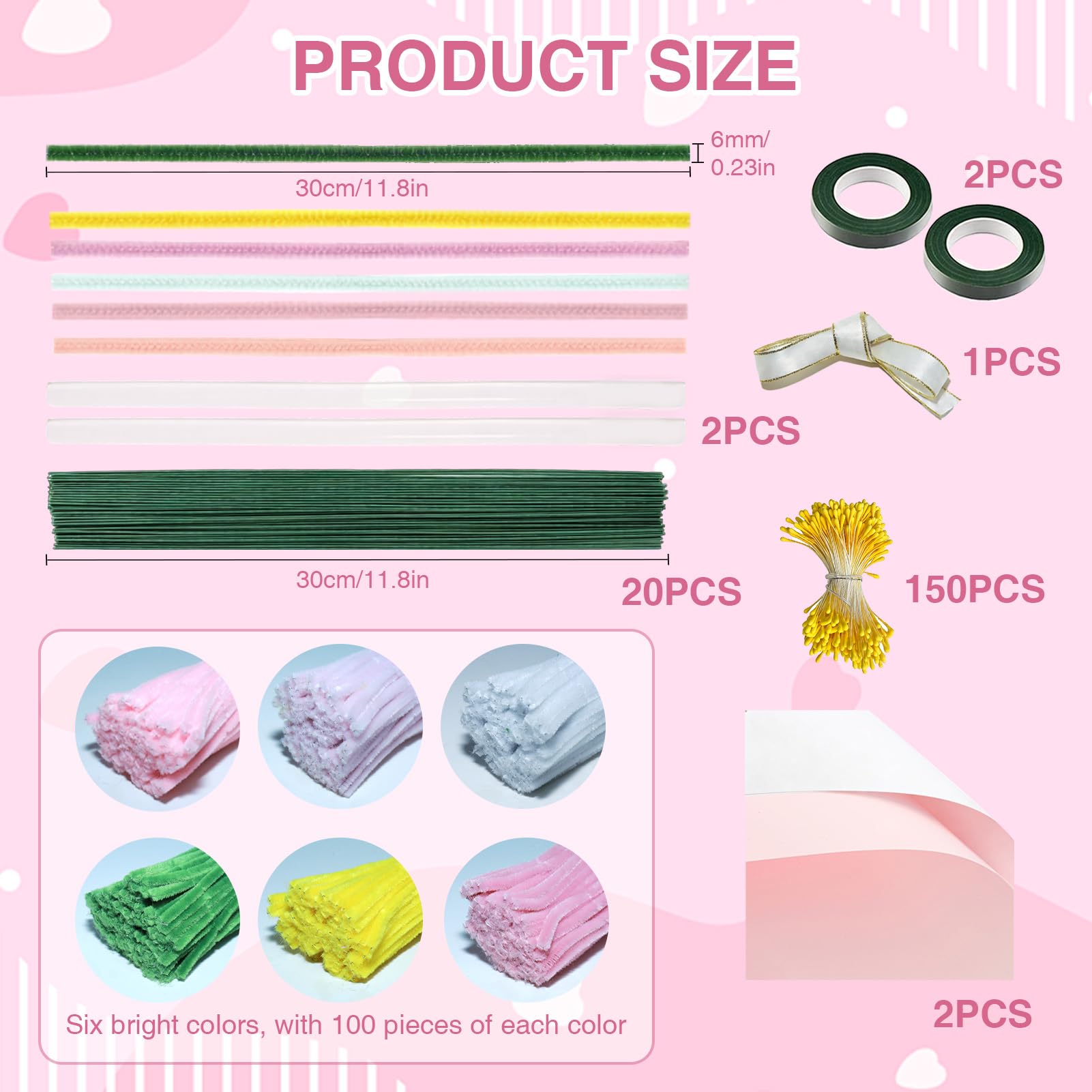 YLDAFUQE 600 Pcs Pipe Cleaners Craft, 6 Colors Pipe Cleaners Bulk Flower Kit, Chenille Stems for DIY Flower Making Kit with Floral Wires, Gardening