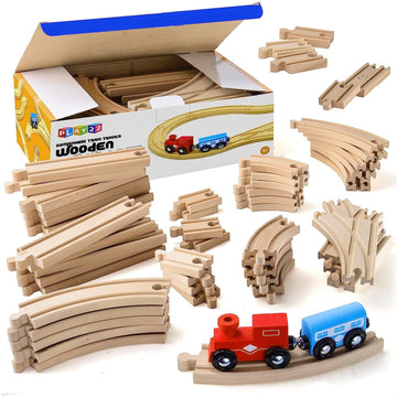 Wooden Train Tracks - 52 PCS Wooden Train Set + 2 Bonus Toy Trains - Train Sets For Kids - Car Train Toys Is Compatible With Thomas Wooden Railway