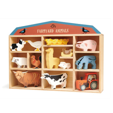 Tender Leaf Toys Farmyard Animals “ 13 Wooden Country Farm Figurines with a Display Shelf - Classic Toy for Pretend Play “ Develops Creative