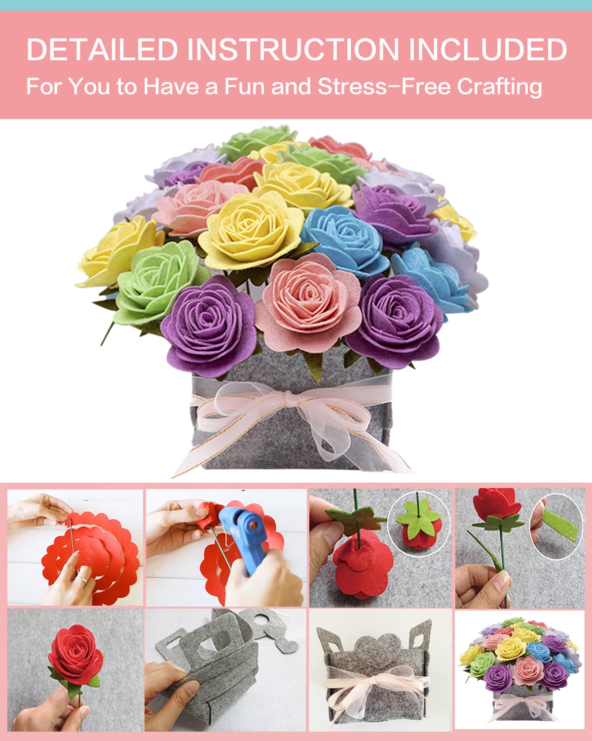 BAZIMA ALICE DIY Felt Flower Art Craft Kit - Colorful Roses Pot Bonsai Kit, 20 Pre-Cut Felt Roses, Beginner Floral Gifts