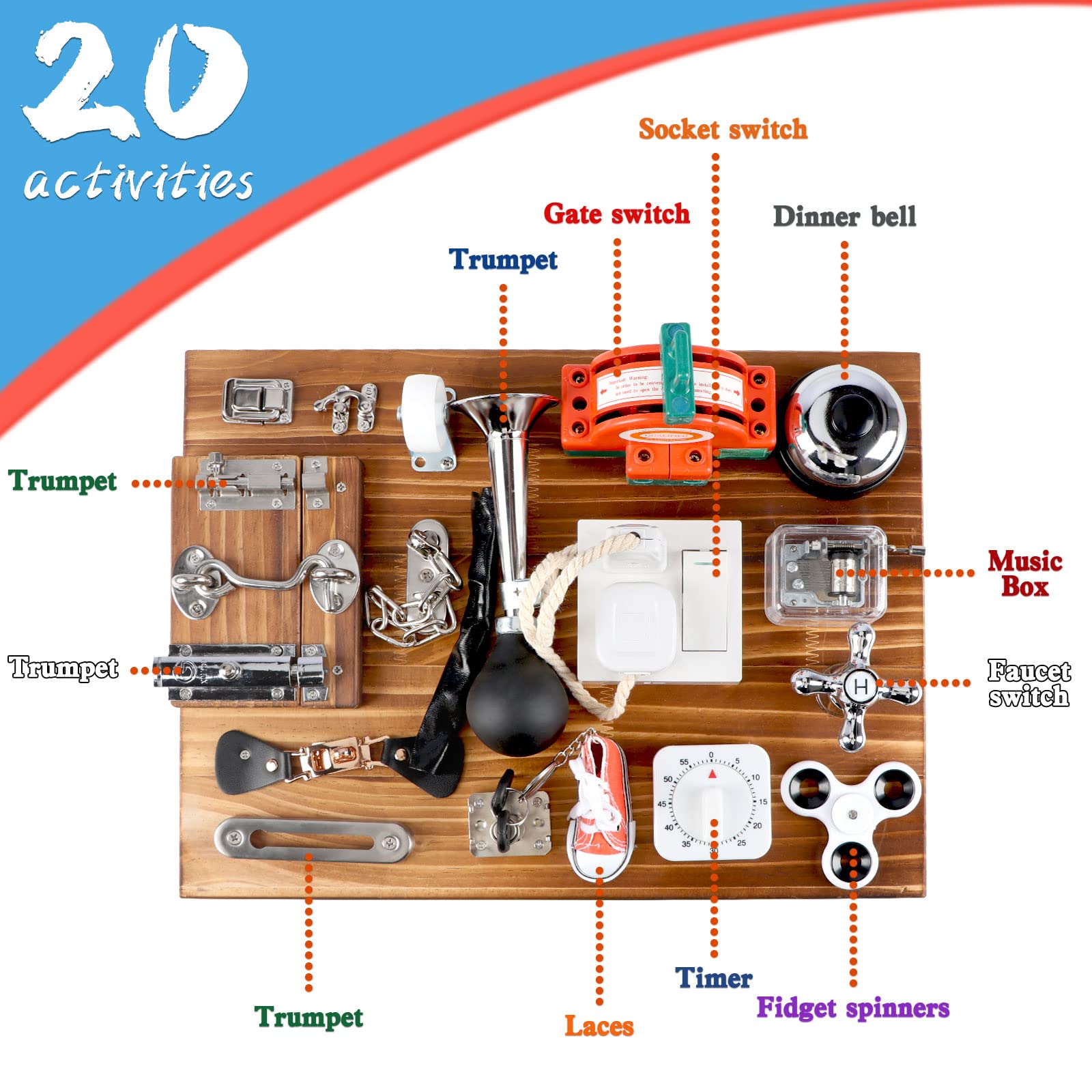 Canuan 20-in-1 Busy Board for Toddlers - Travel Toy Activity Board for Fine Motor Skills - Toys for 3 Years Old Kids With Switch, Locks, Shoe Laces
