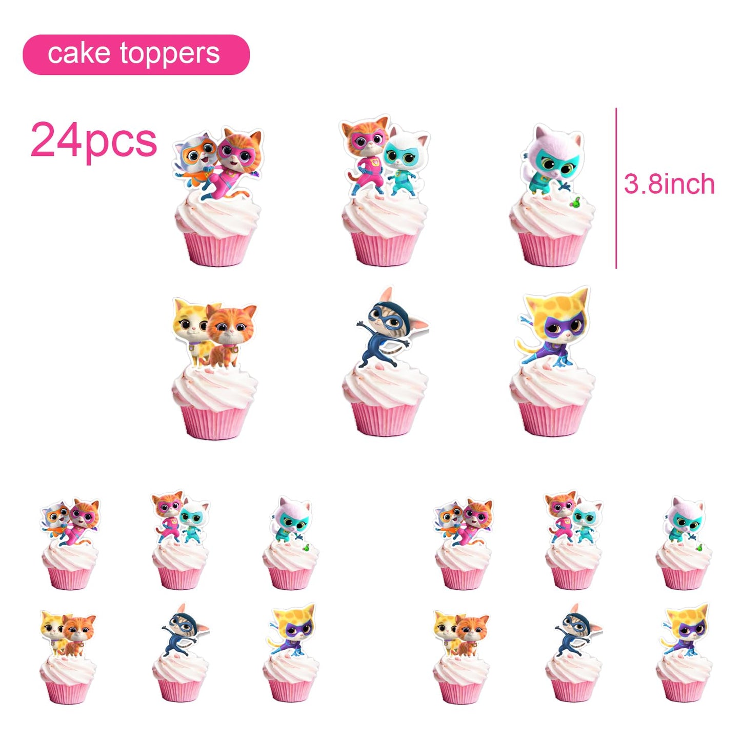 25Pcs Super Kitties Birthday Party Supplies Pack Includes 1 Cake Topper 24 Cupcake Toppers for Super Kitties Party Supplies