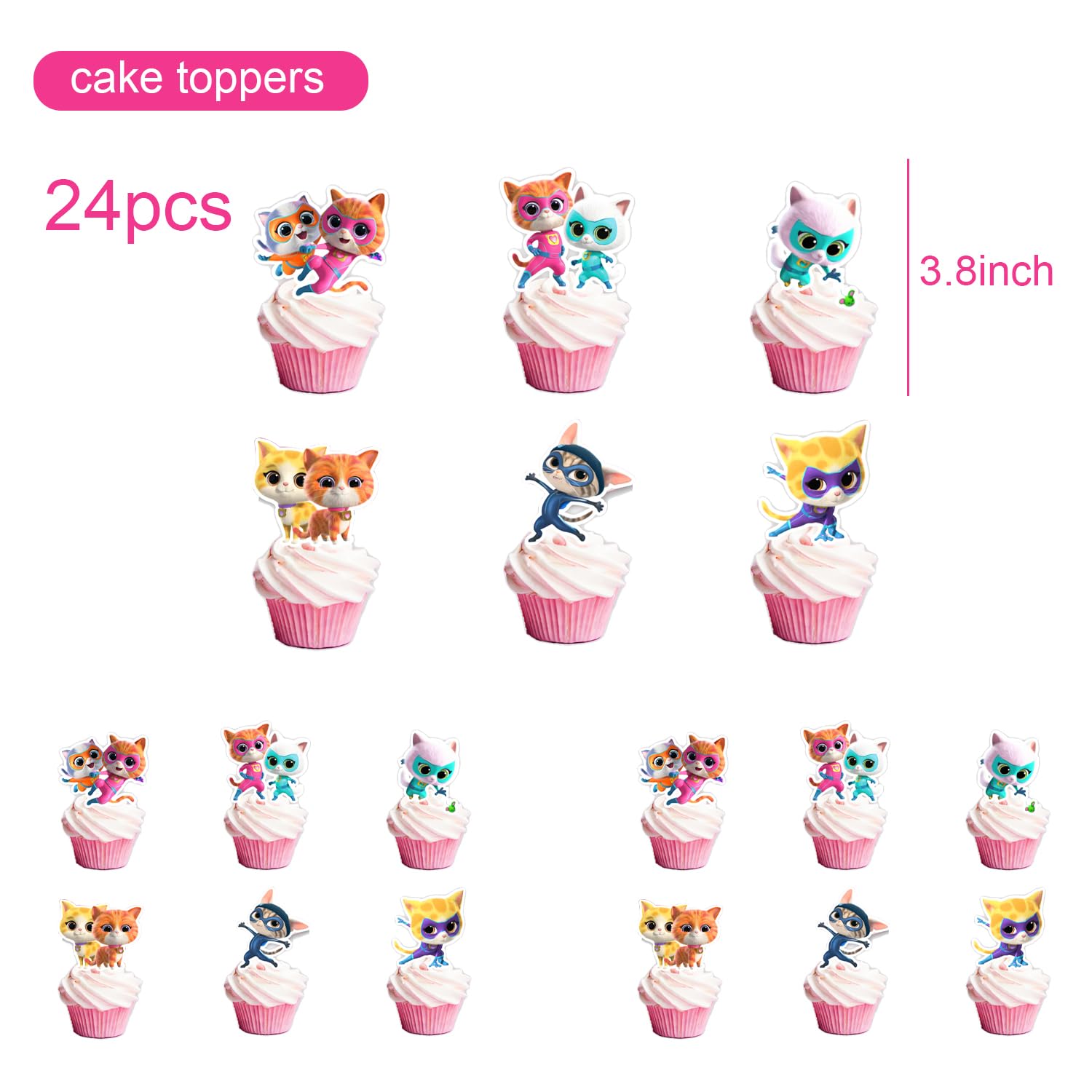 25Pcs Super Kitties Birthday Party Supplies Pack Includes 1 Cake Topper 24 Cupcake Toppers for Super Kitties Party Supplies