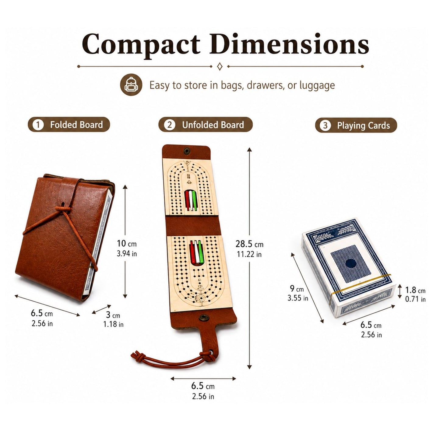 Foldable Travel Cribbage Board Game Set, Portable Leather Cribbage Board with Card & Peg Storage, Includes 6 Pegs & 1 Deck for Adults & Family Game