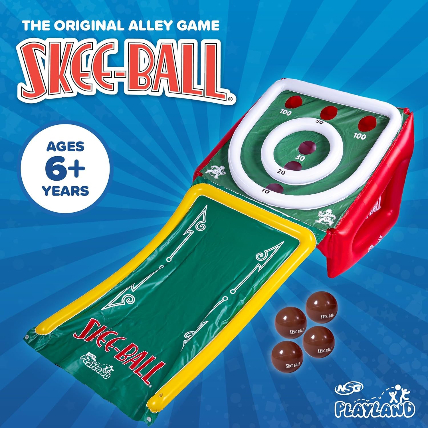 Playland Inflatable Skee Ball Game for Kids & Family - 5FT Indoor & Outdoor Arcade Toss Game with Ball Return, 4 Rubber Balls, Electric & Hand Pump