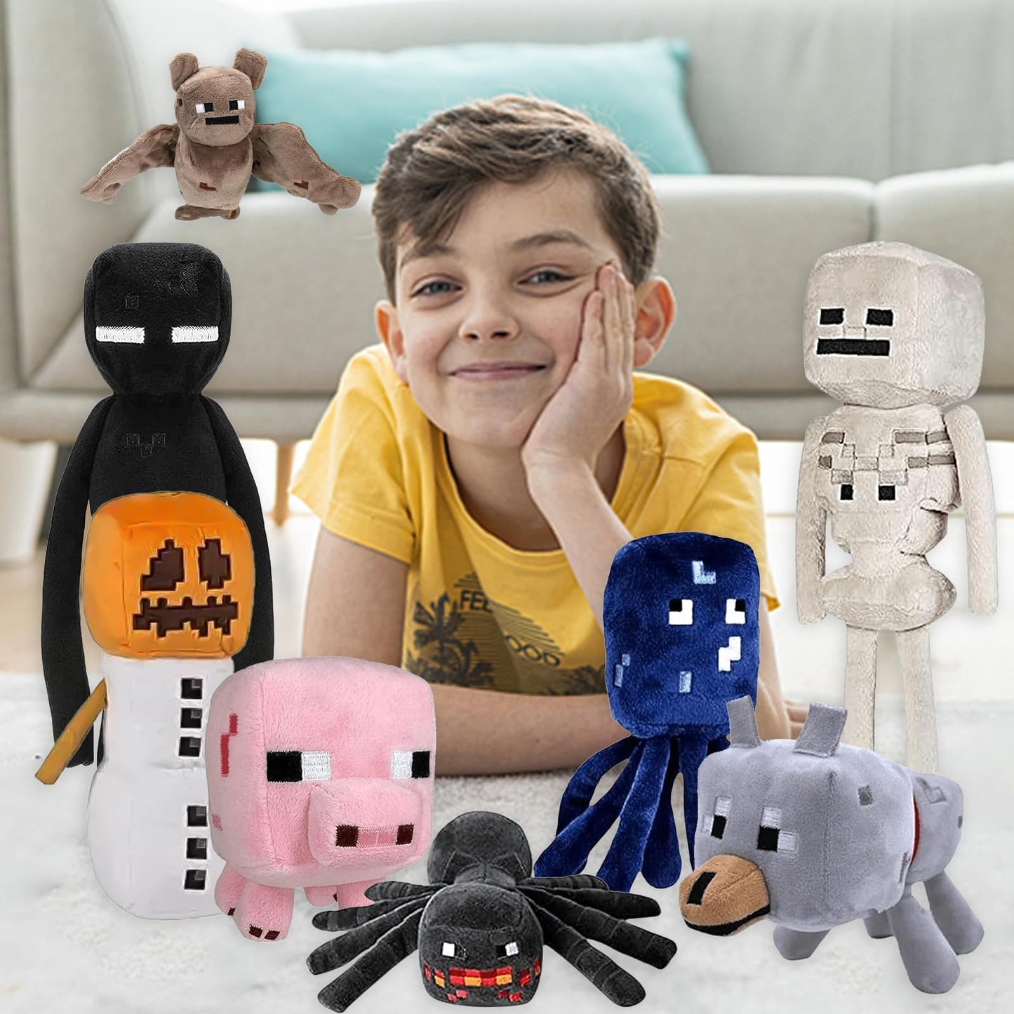 XSLWAN 8Pack Snow Golem Plush, Enderman Plush, Baby Wolf, Baby Pig, Spider, bat, Skeleton Shooter, Squid Stuffed Animals Toys?Great Gift for Children