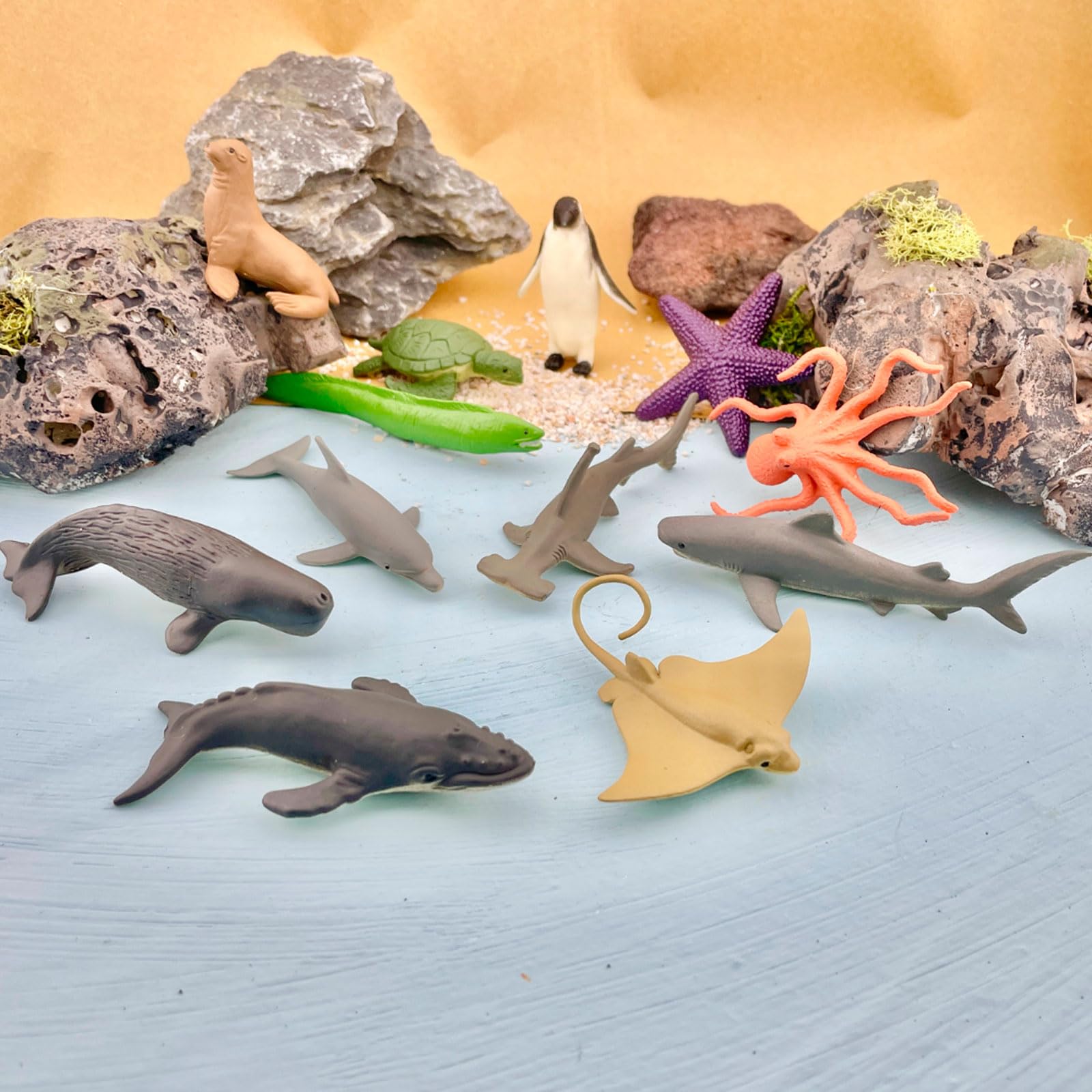 Safari Ltd. Ocean TOOB - 12 Mini Figurines: Sea Lion, Eagle Ray, Starfish, Turtle, Penguin, Octopus, Whales, Moray Eel, Sharks, and Dolphin