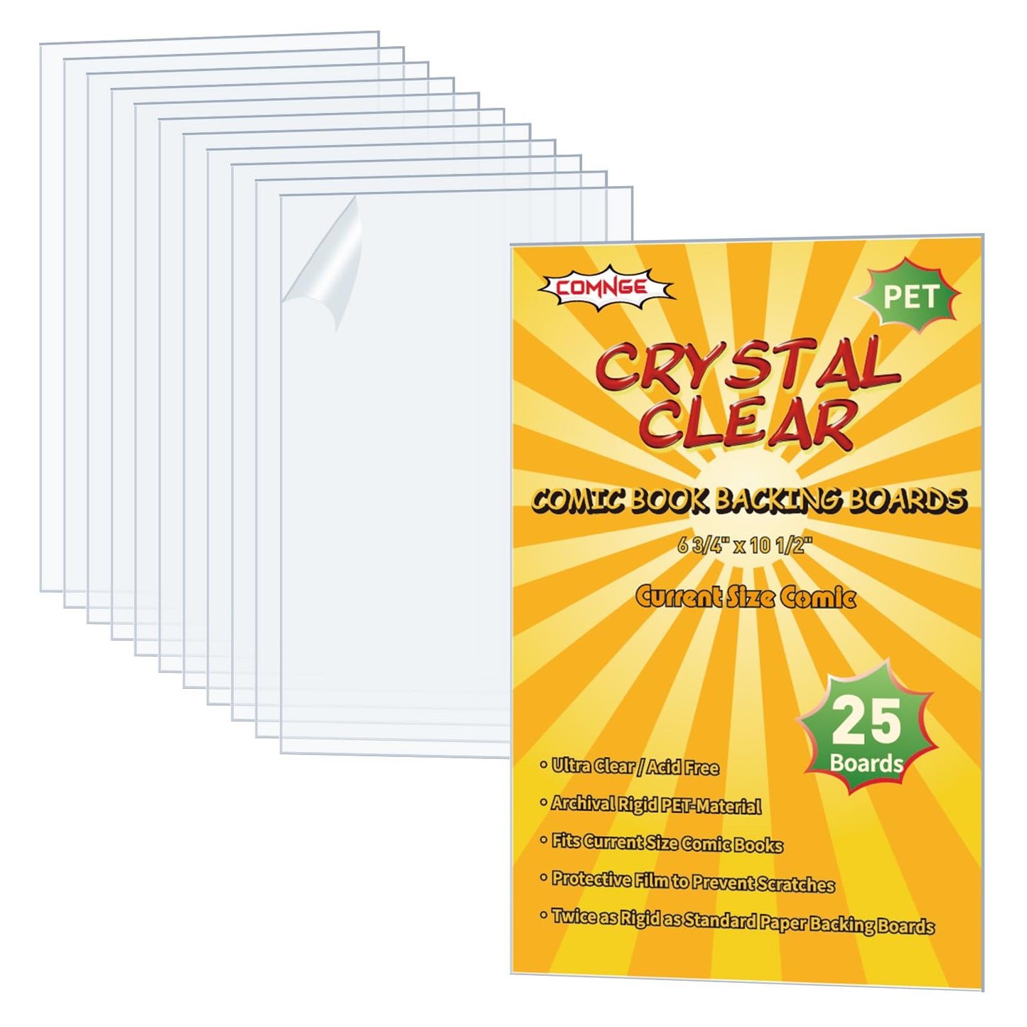 25ct PET Current Comic Book Boards - 6 3/4" x 10 1/2" Acid-Free Ultra Clear Rigid Plastic Comics Board, for Displaying Double-Sided Cover Art, Fits