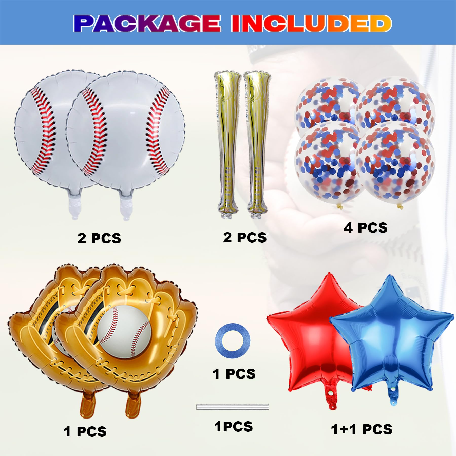 Baseball Party Balloons,Baseball Glove Jumbo Foil Mylar Baseball Bat Balloons for Birthday Sports Theme Supplies,Confetti Red and Blue white Foil