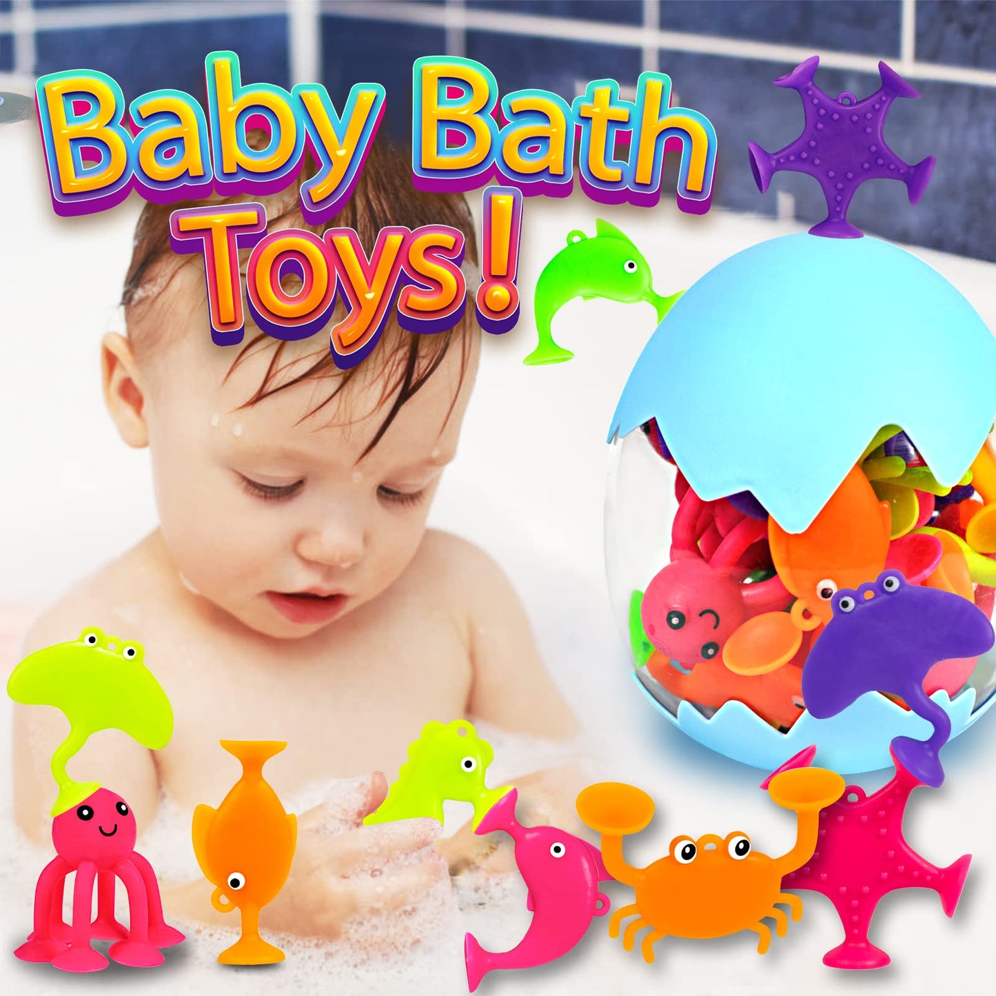 Suction Bath Toys for Kids, 18 Pcs Ocean Animal Suction Cup Toys with Eggshell & Bag, No Hole Mold Free Bath Toy, Sensory Window Building Toys
