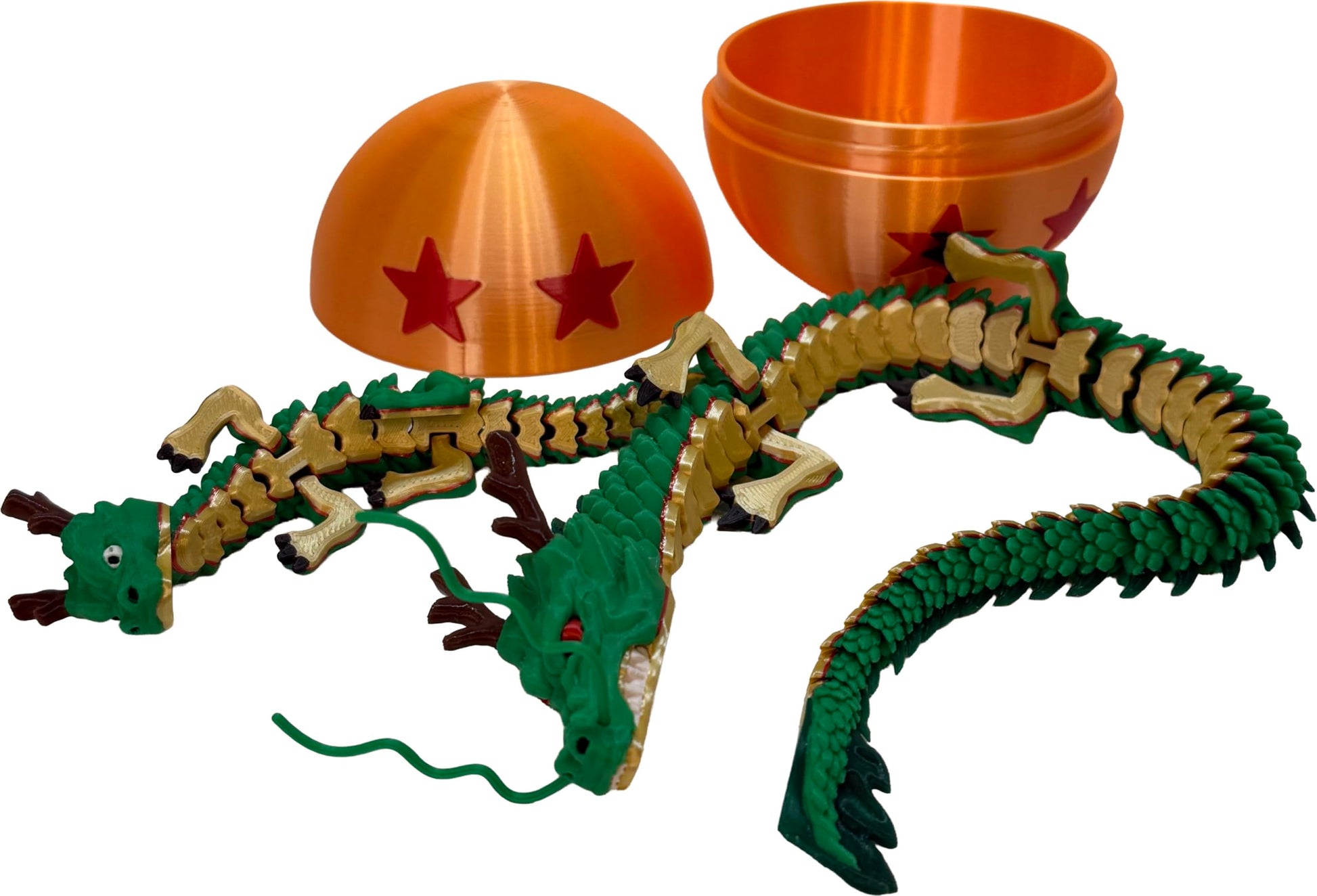 17.5 Inch Articulating Shenron Dragon Toy and 7 Inch Junior Shenron Dragon Inside Surprise 4 Star Ball/Egg, Green, Gold, Orange, Red, Black, and Brown
