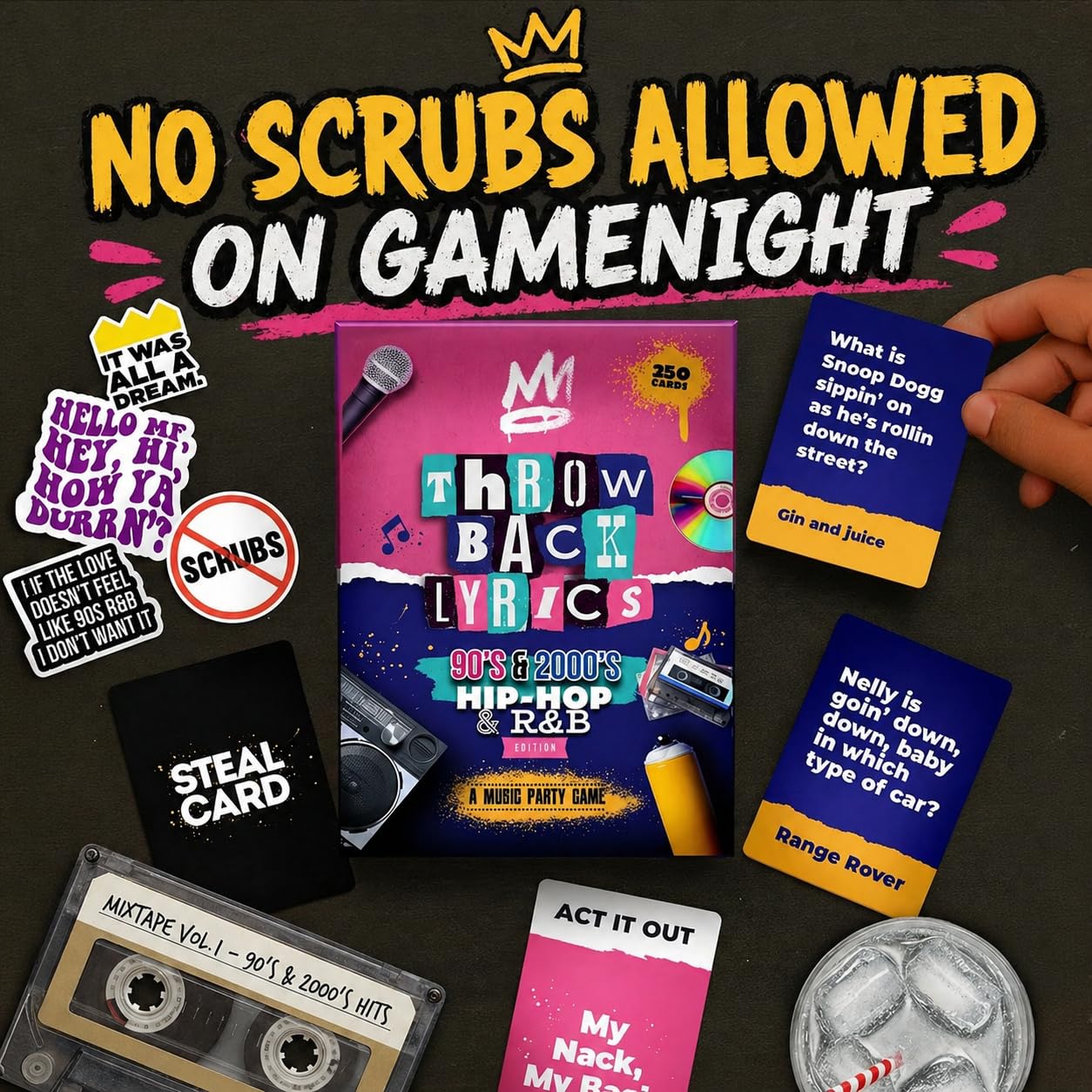 Throwback Lyrics - 90s & 2000s Hip-Hop & R&B Music Trivia & Finish the Lyrics Card Game | Charades + Steal Cards | Adult Party Game for Game Night