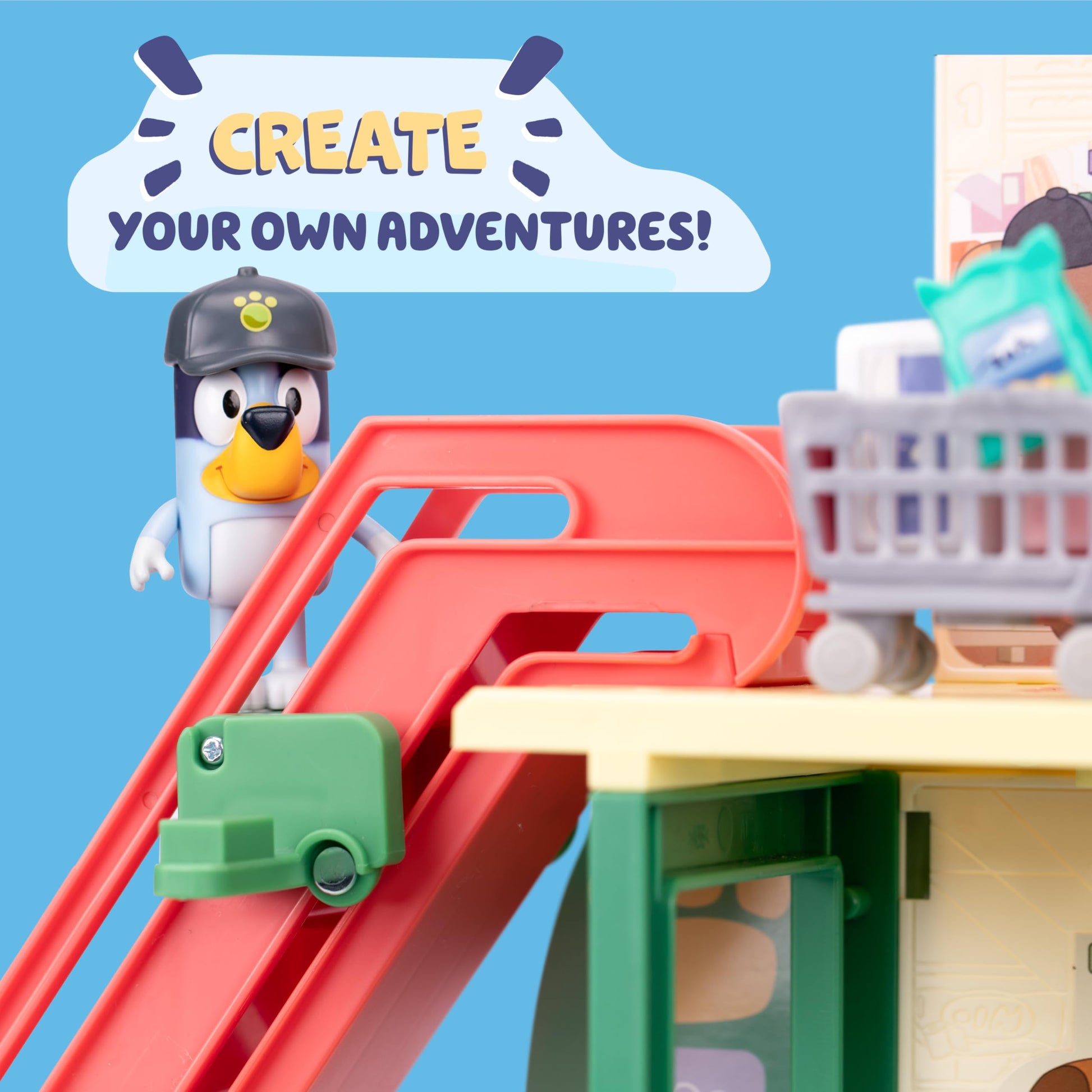 Bluey and Bingo Supermarket Playset, Escalator & Sounds, 15 Pieces