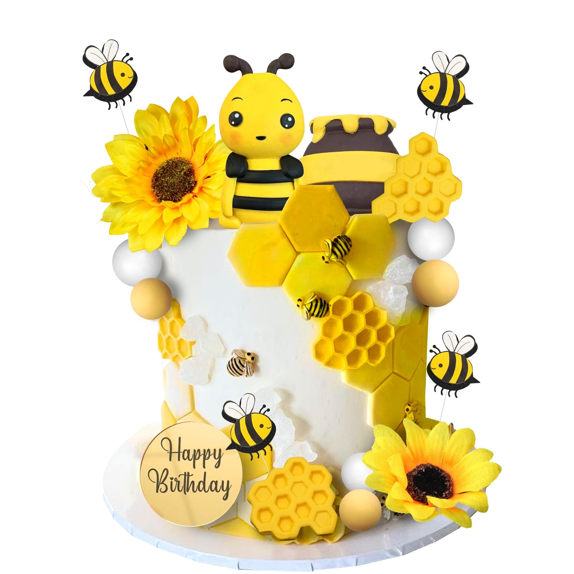 17 PCS Bee Cake Topper Happy bee day Cake Topper Honeycomb Sunflower Cake Decoration for Honeycomb Theme Birthday Party Supplies