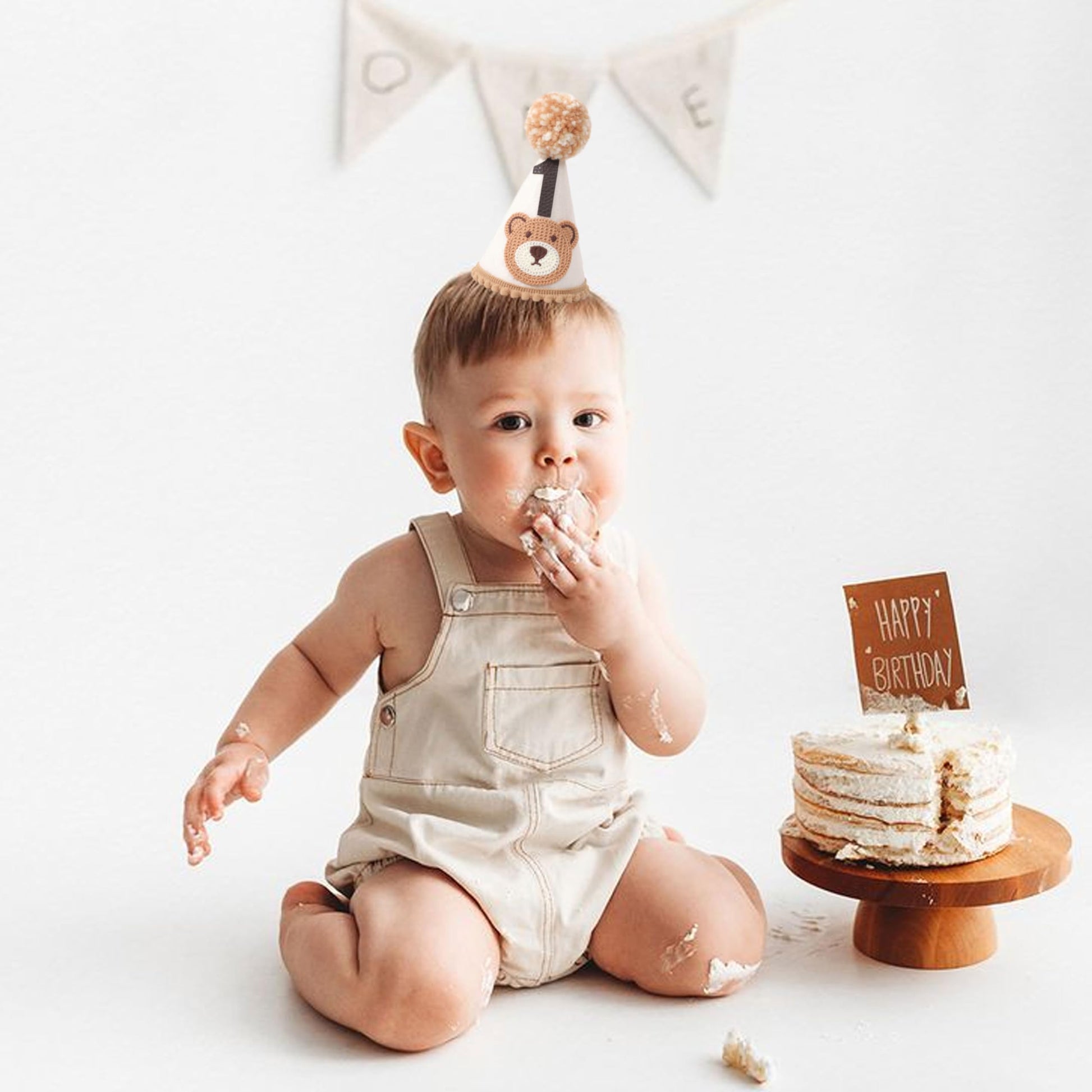 VAVAYAO Bear 1st Birthday Party Decorations - Teddy Bear Crown Outfit, Woodland Camping Theme, Cone Hat