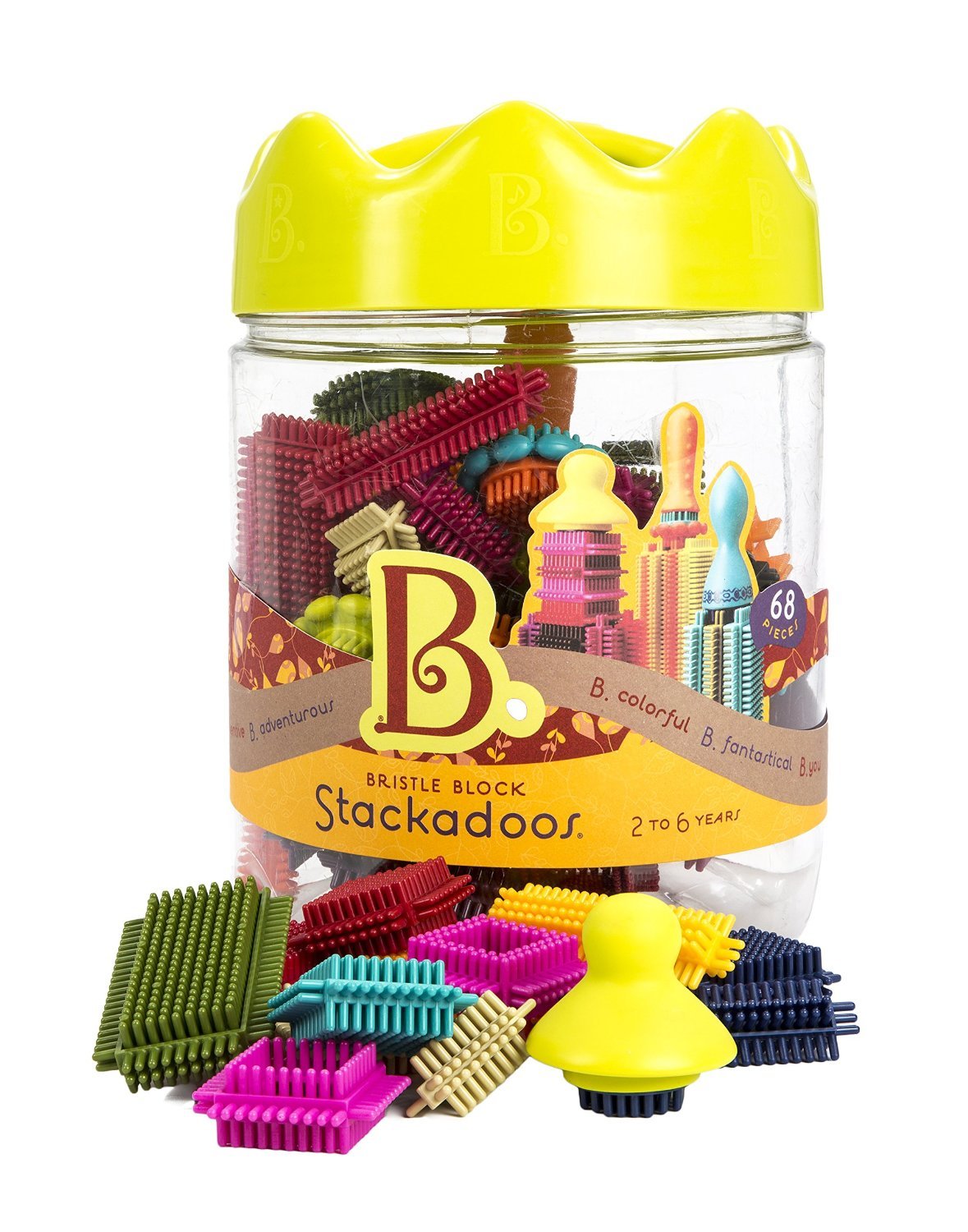 B. toys - Bristle Block - Stackadoos - Sort & Stack STEM Building Blocks Set - 68 Interlocking Blocks - Toys for Toddlers, Kids - Storage Jar with Lid