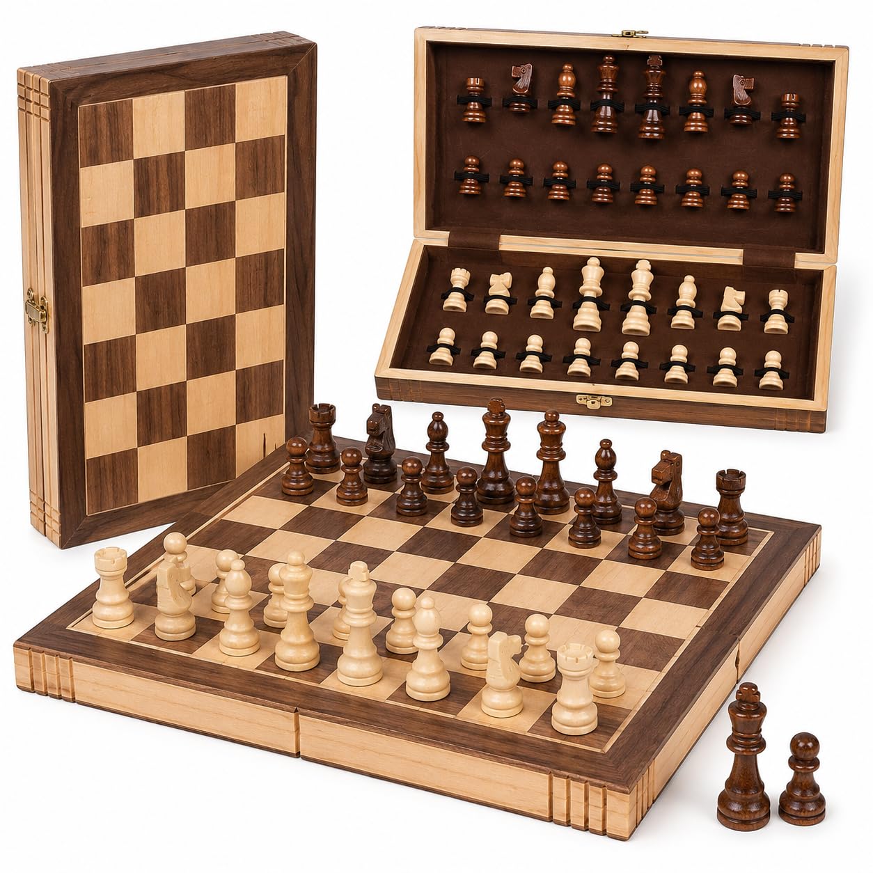 Wooden Chess Set, 11" Folding Travel Chess Board Game for Adults and Kids Portable Classic Chess Board with Solid Wood Pieces & Storage, Beginner