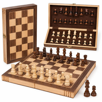 Wooden Chess Set, 11" Folding Travel Chess Board Game for Adults and Kids Portable Classic Chess Board with Solid Wood Pieces & Storage, Beginner