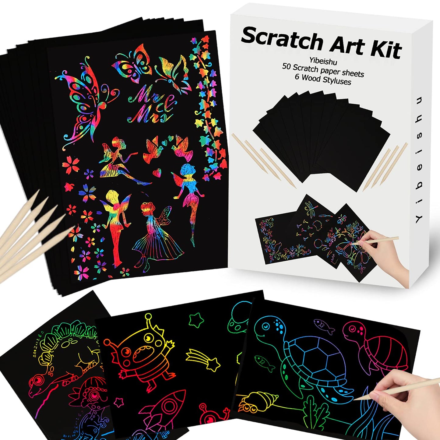 Yibeishu Scratch Art Set, 56-Piece, Black Paper Sheets Notes Cards Boards and Doodle Pads, 7.2 x 5 Inches, Kids Crafts Projects Kit