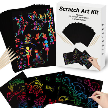 Yibeishu Scratch Art Set, 56-Piece, Black Paper Sheets Notes Cards Boards and Doodle Pads, 7.2 x 5 Inches, Kids Crafts Projects Kit