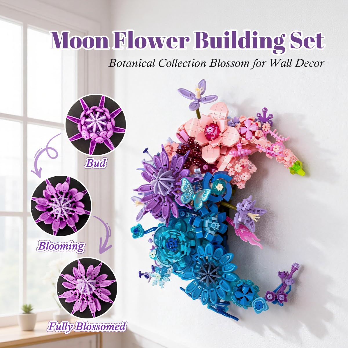 Moon Eternal Flower Decoration Building Set for Adults, 977 Pcs Micro-Particle Crescent-Shaped Artificial Flowers Building Blocks with Built-in