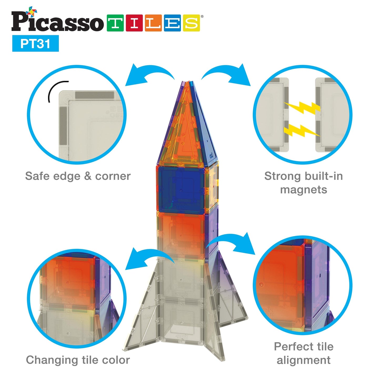 PicassoTiles UV Activated Color Changing Rocket Set Magnet Construction Toy Kit Engineering STEM Learning Playset Child Brain Development Stacking