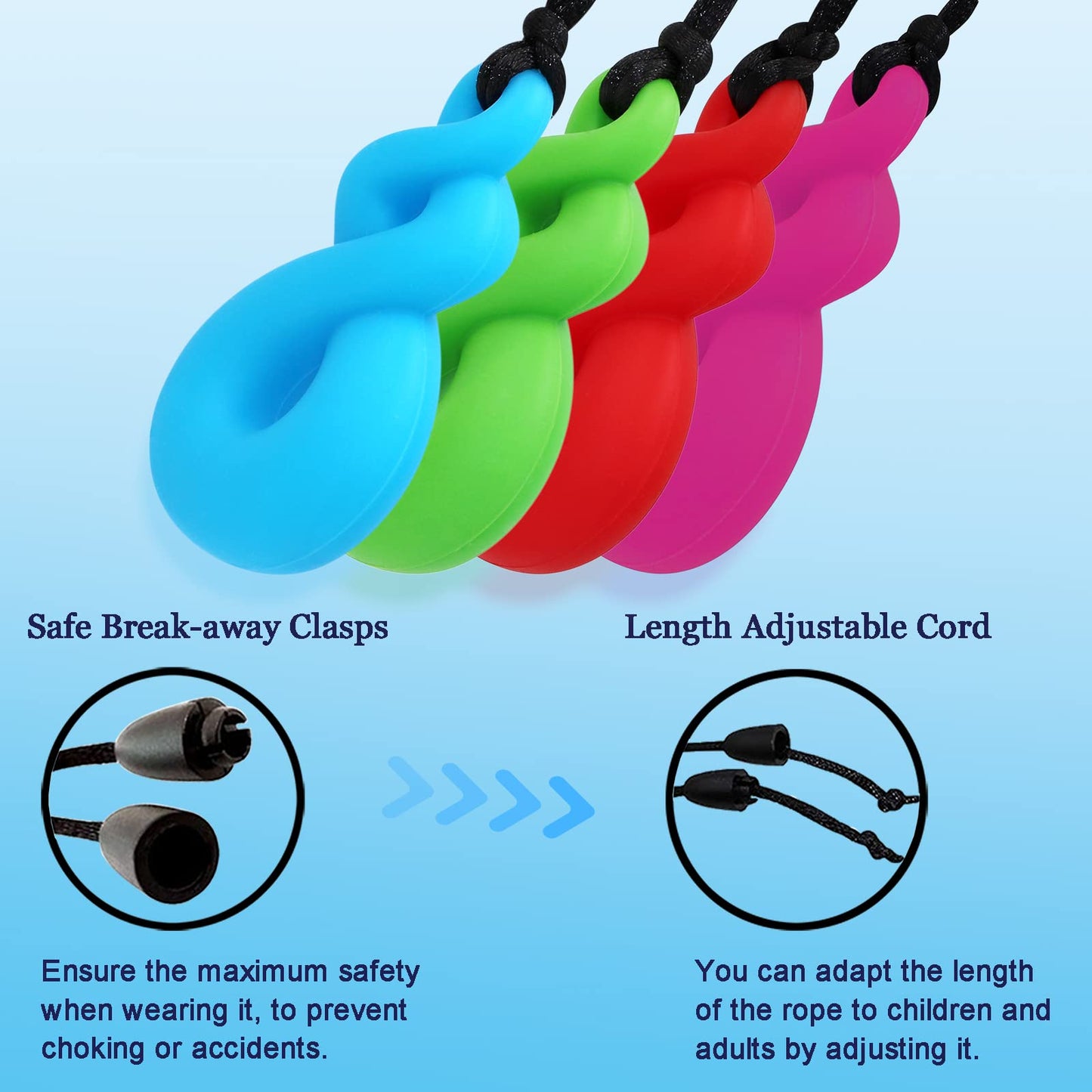 Chew Necklaces for Kids With Autism, ADHD, SPD, or Special Needs - Sensory Silicone Chewy Necklace Toys for Boys, Girls, Adults, Teens - 4 Pack