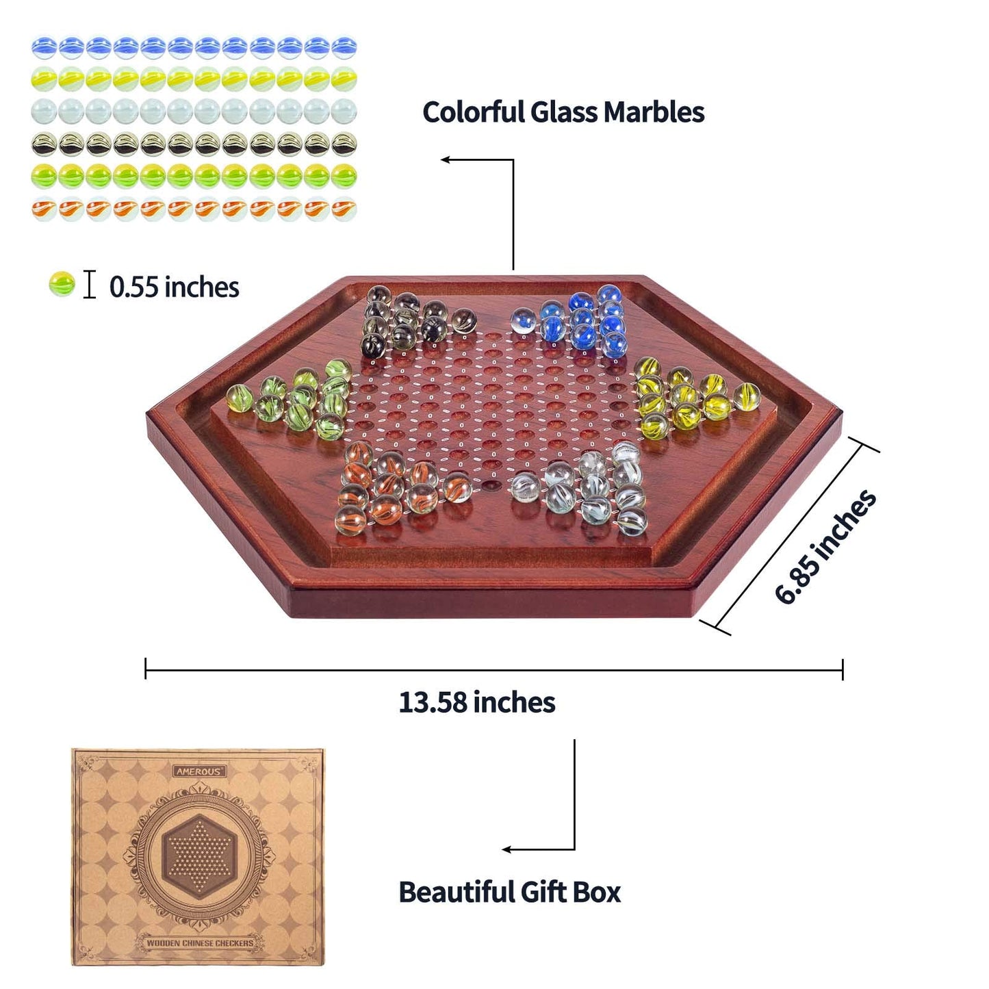 AMEROUS 13.6 inches Wooden Chinese Checkers Board Game Set with 60 Colorful Glass Marbles, Classic Strategy Game for Kids, Adults, Whole Family Play