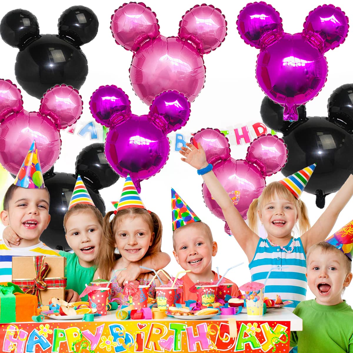 9Pcs Pink Mouse Party Foil Balloons, 27” Black, Rose Red, Pink Balloons, Cartoon Mouse Party, Baby Party, Girl Party, Kids Birthday Theme Party