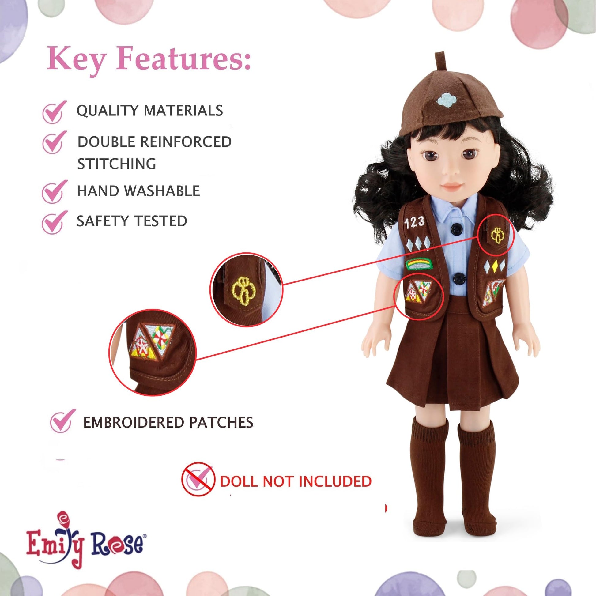 Emily Rose 14 Inch Doll Girl Scout Brownie Uniform 5-PC Playset | Officially Licensed by Girl Scouts of The USA | American Brand - Gift Boxed | Doll