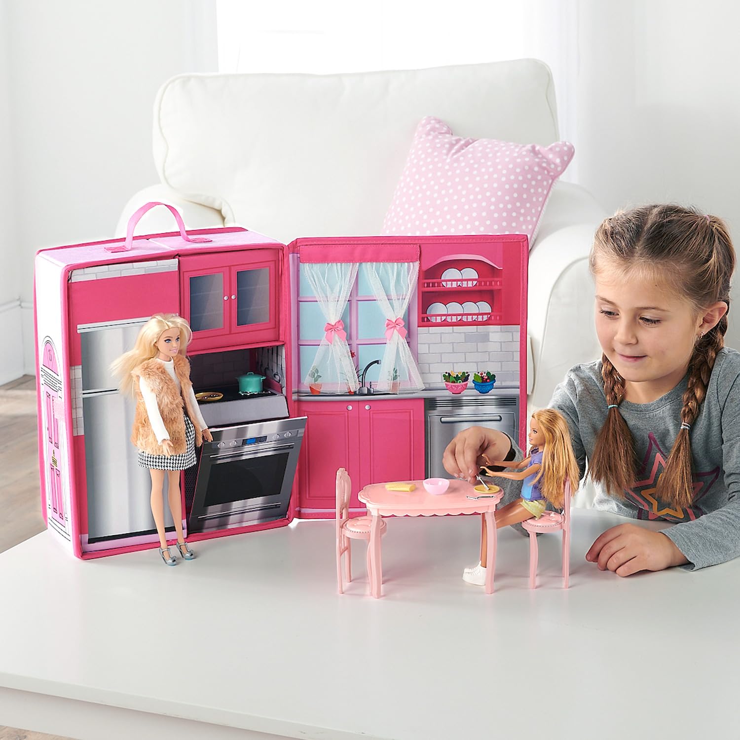 Badger Basket Portable Doll Kitchen Set for 12 Inch Dolls - Includes Oven, Fridge, Table, Chairs & Accessories
