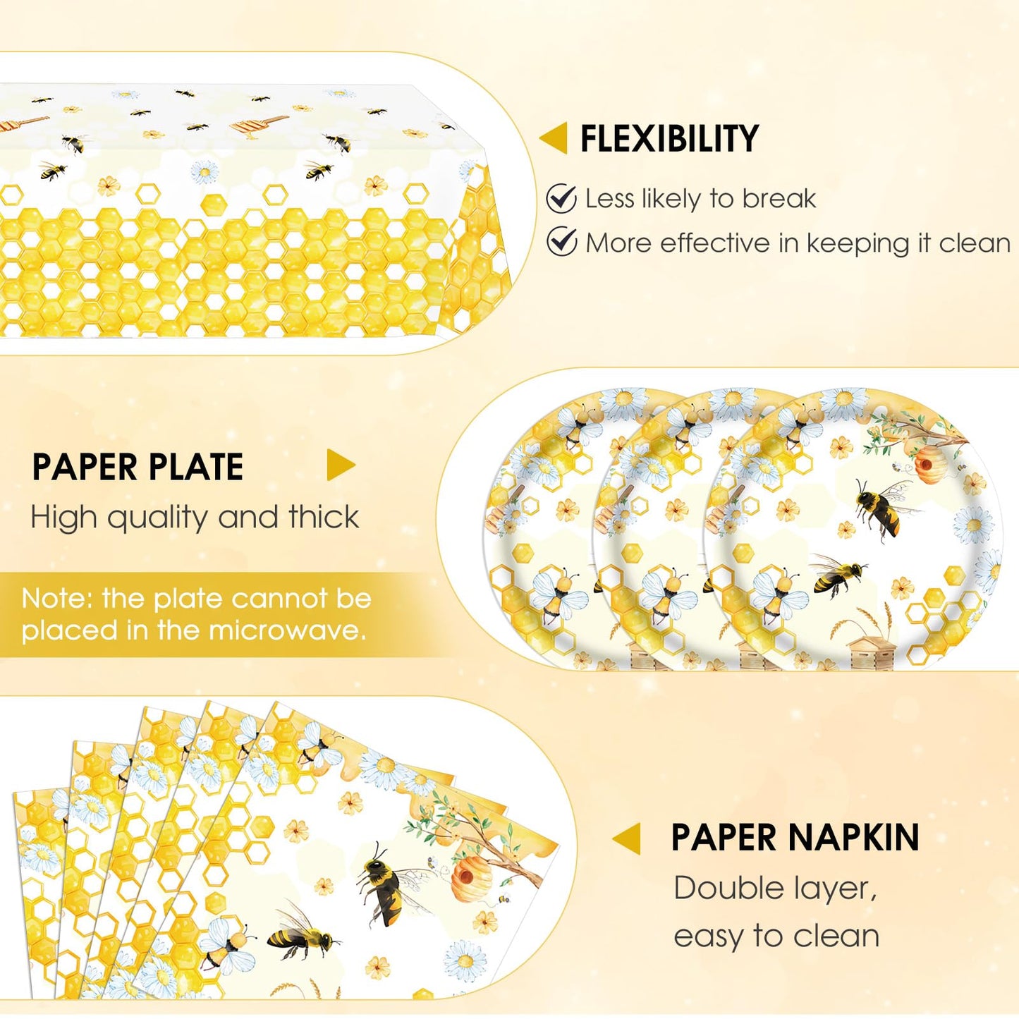 Bee Birthday Party Decorations 41Pcs Bumblebee Themed Tableware Set Include Bee Paper Plates Napkins Tablecloth, for Baby Shower Gender Reveal Kids