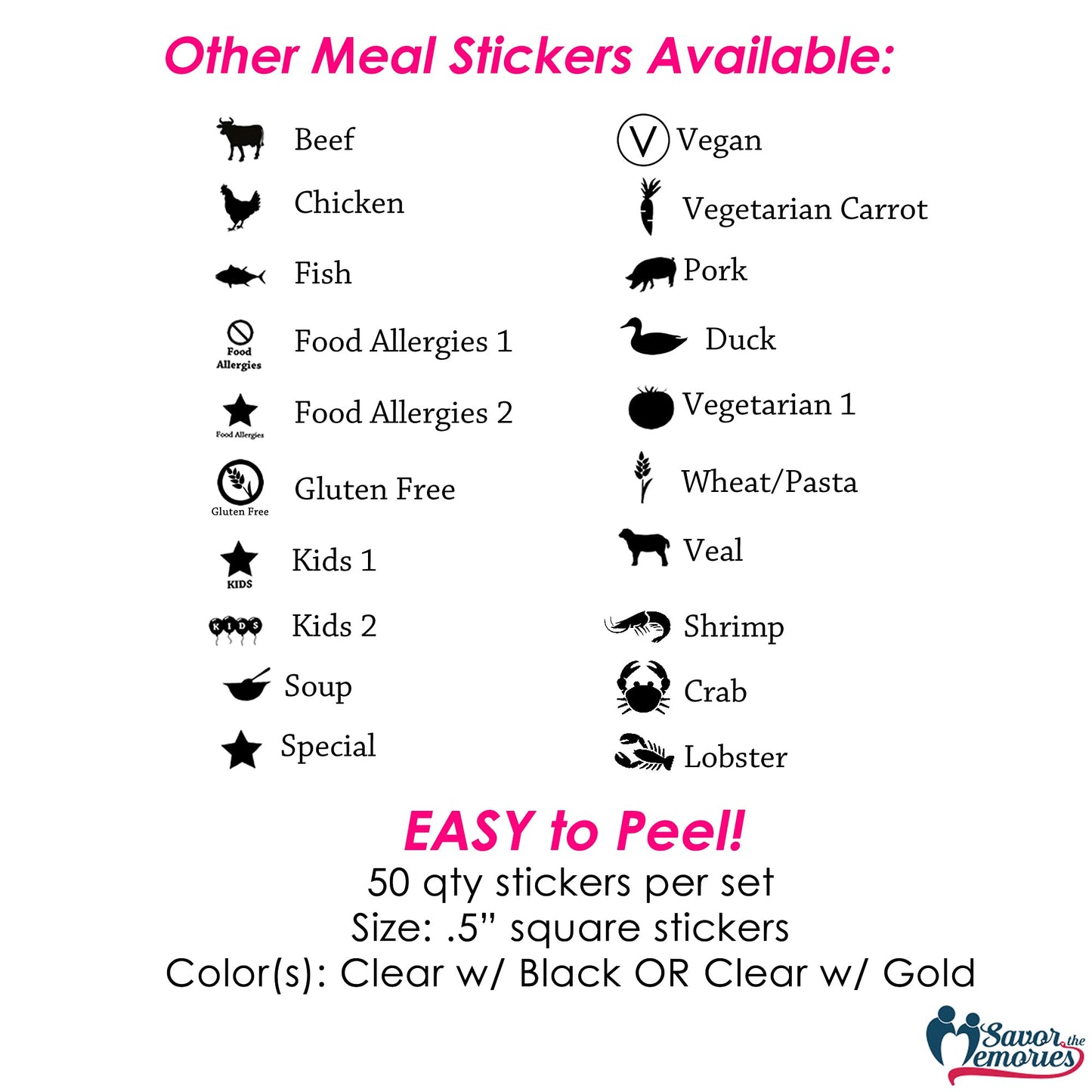 Crab Food Choice Stickers for Place Cards- Meal Stickers (Clear with Black Icon) by Savor The Memories
