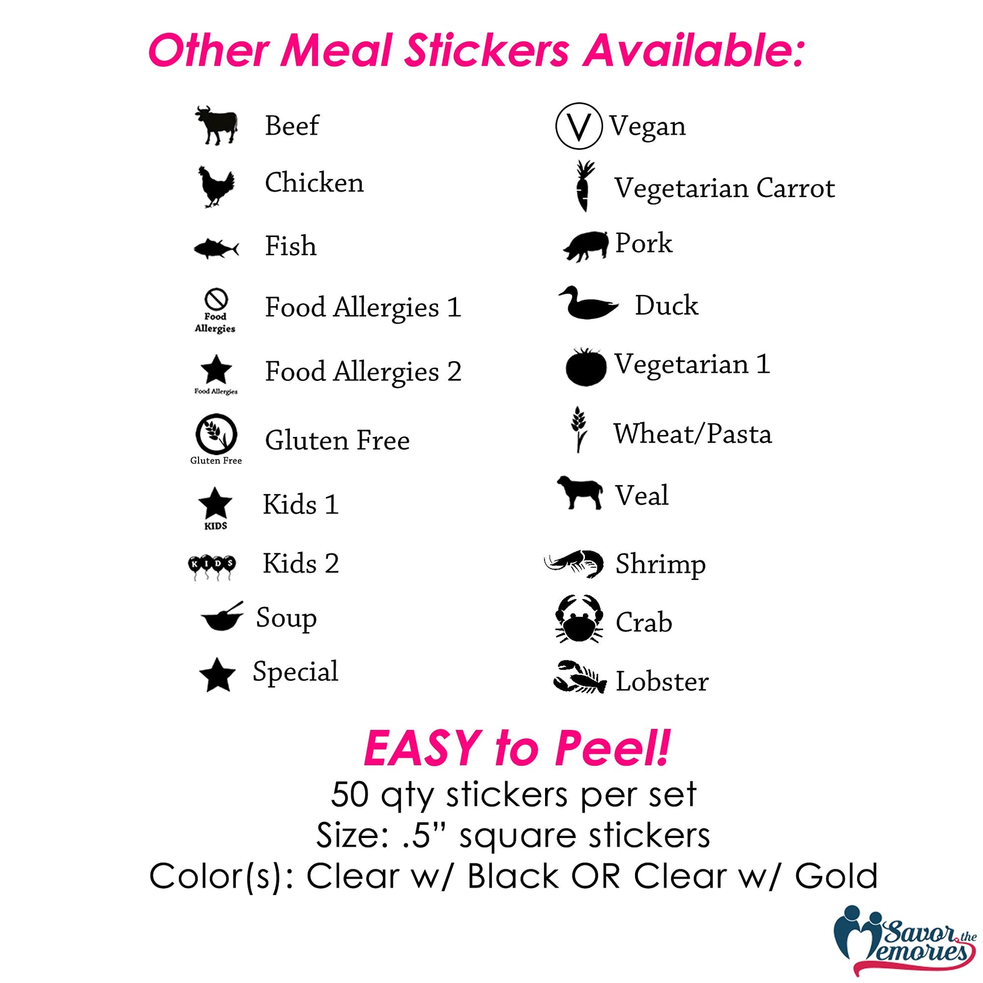 Crab Food Choice Stickers for Place Cards- Meal Stickers (Clear with Black Icon) by Savor The Memories