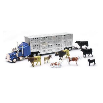 New Ray Country Life 1:43 Livestock Playset - Die-Cast Semi Truck & Trailer with 10 Cattle, Free-Wheeling Farm Vehicles, Opening Rear Door, Ages 8+