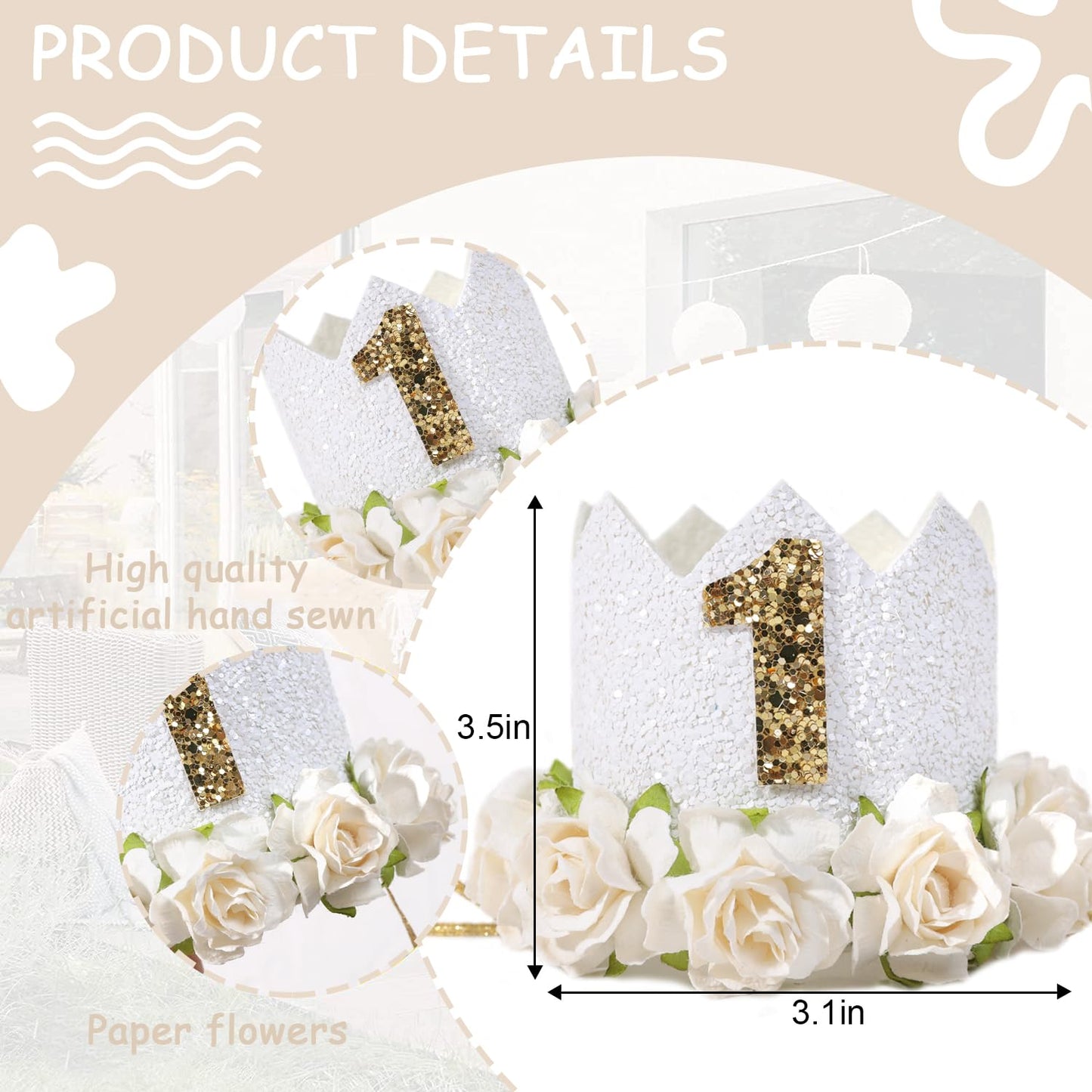 ZZDCMS White Floral 1st Birthday Crown - Baby Girls 1st Year Birthday Party Decorations,White, Glitter,Baby Shower Baptism Party Supply Hat Outfit