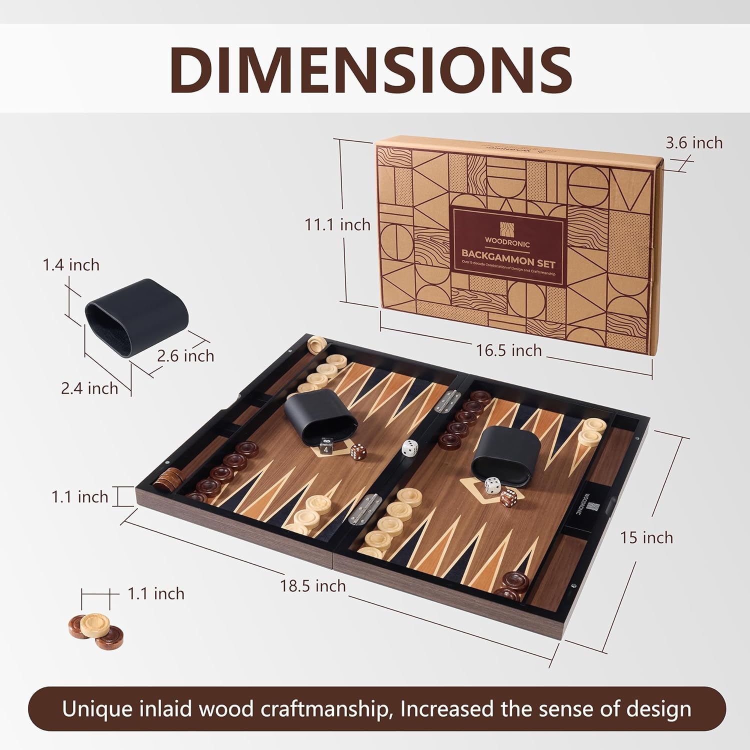 Wood Backgammon Set for Adults - 15 Inch Classic Board Game Case - Premium Folding Backgammon Set with Oversize Wooden Playing Pieces, Dices