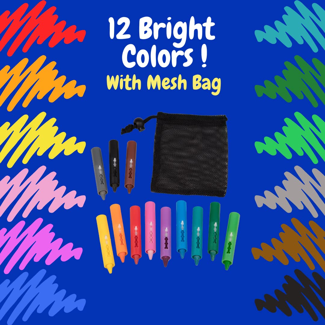 SCS Direct Bath Crayons Super Set -Set of 12 Draw in the Tub Colors with Bathtub Storage Mesh Bag -Non-Toxic, Safe for Children, Won't Disintegrate in