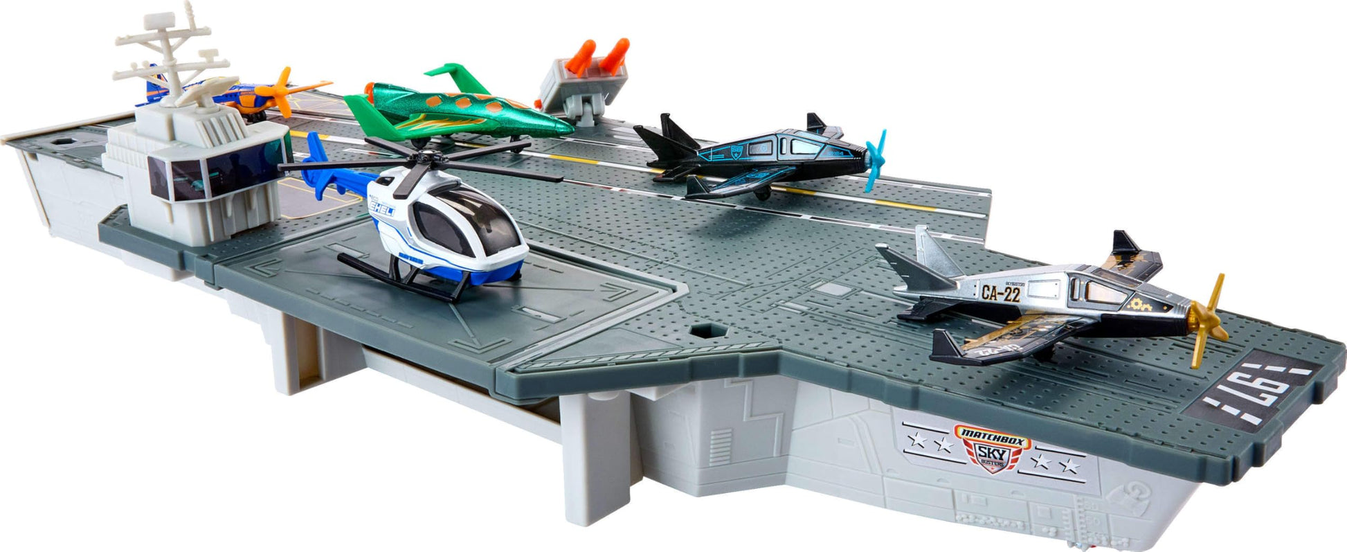 Matchbox Aircraft Carrier Playset,10 Die-Cast Sky Buster Toy Airplanes & 1 Die-Cast 1:64 Scale Toy Car, Expands to 20 Inches, Includes Missile