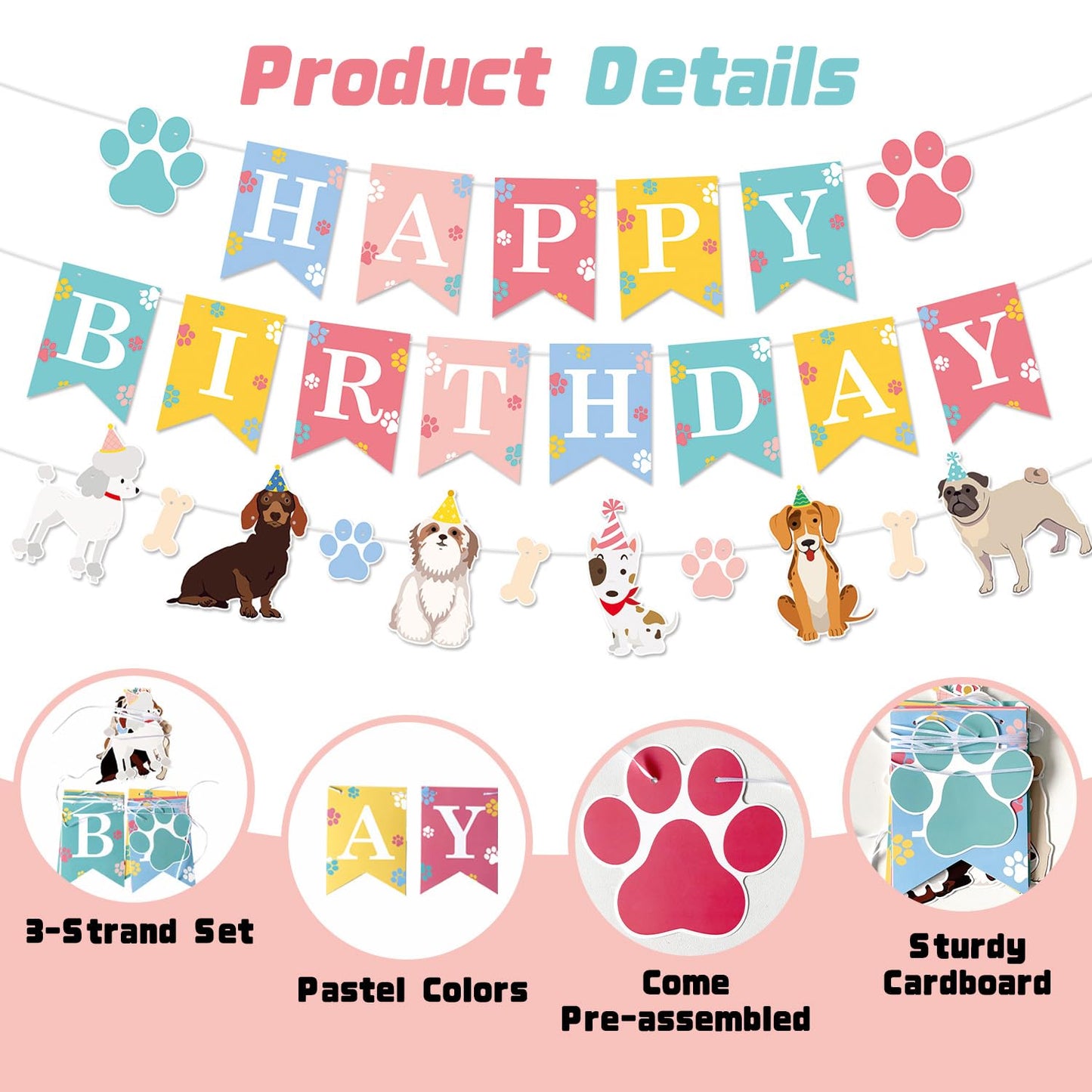 Dog Birthday Decorations Banner, Happy Birthday Puppy Banner with Paw Print, Bone and Dog Cutouts Garland, Pastel Pet Birthday Party Supplies for Boy