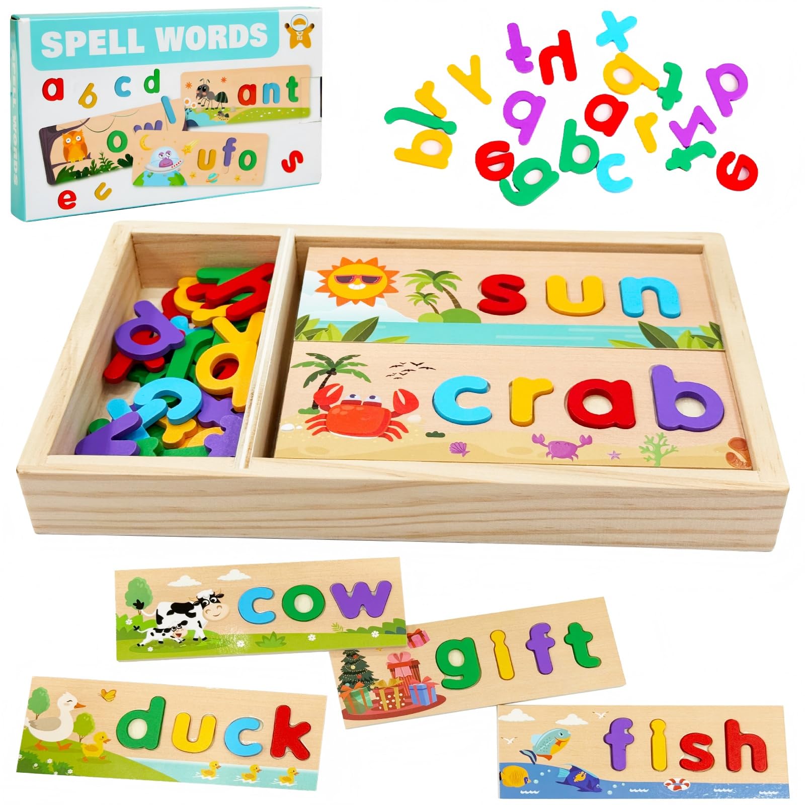Wooden See and Spell Word Game Learning Toys for Kids 3-6 Puzzle Board